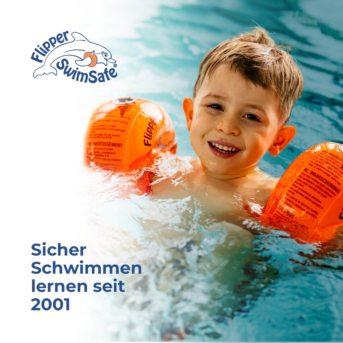Flipper SwimSafe 1024 - swimming aid for babies aged 1 year and over, water wings with unbreakable PE foam core, including dolphin toy, orange
