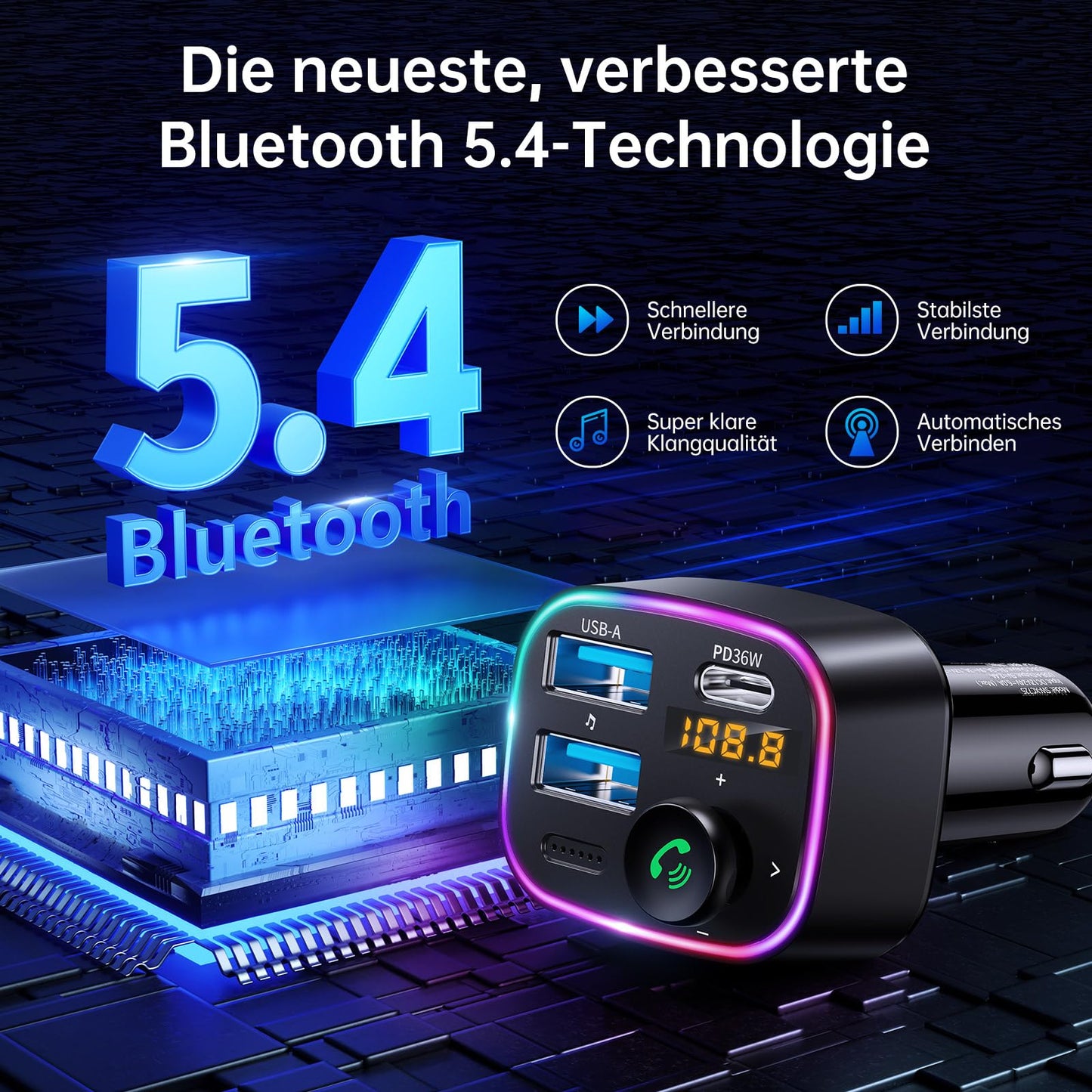 Syncwire FM Transmitter Car Bluetooth 5.4 48W (PD 36W & 12W) Bluetooth Adapter Car with [Light Switch] [HiFi Bass Sound] [Fast Charging] Hands-Free Car Charger Cigarette Lighter - SW-XC725