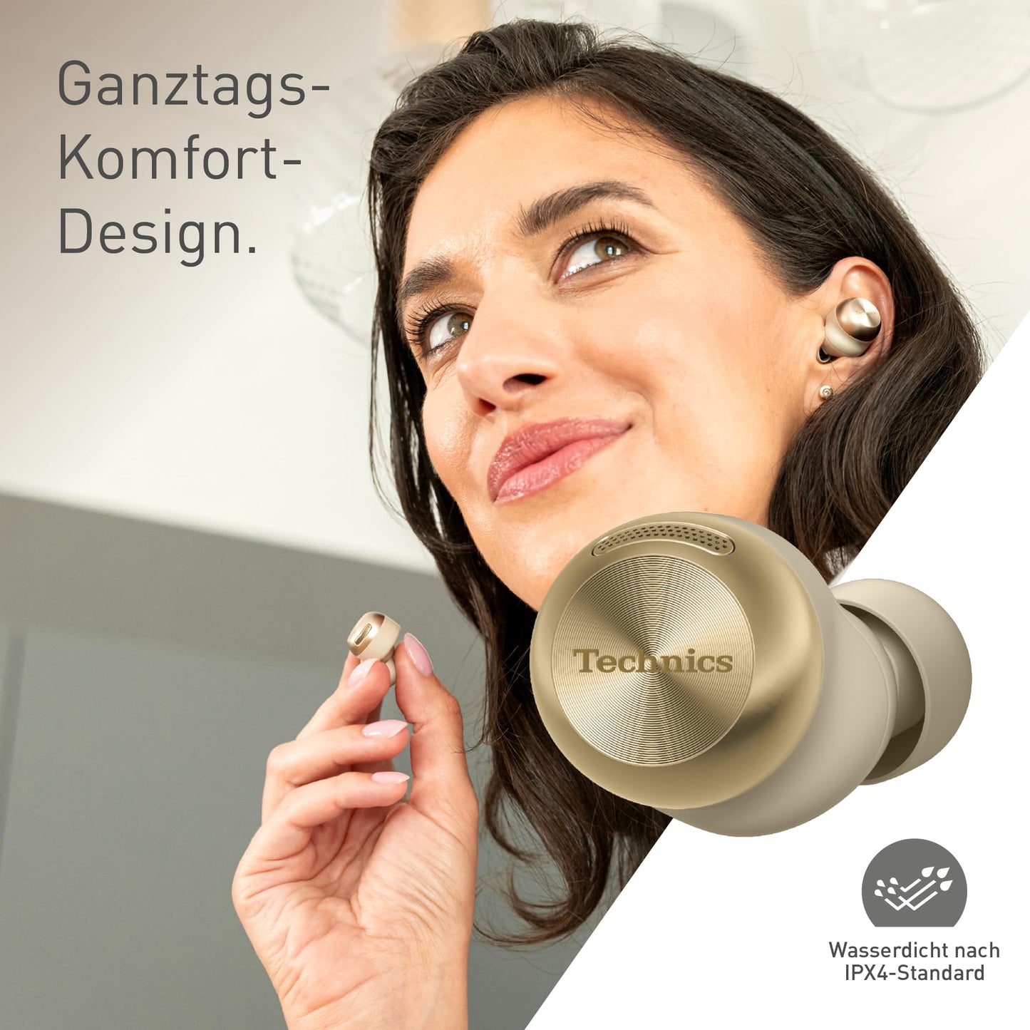 Technics EAH-AZ100E-N Wireless Noise Canceling Headphones, Comfortable In-Ear Headphones, Multipoint Bluetooth, Voice Focus AI, Champagne Gold