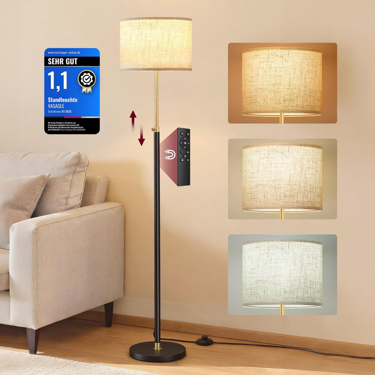 VASAGLE Floor Lamp, adjustable height, 140-170 cm tall, modern design, with foot switch, fabric lampshade, E27 socket, remote control, memory function, gold-black LFL005BD02