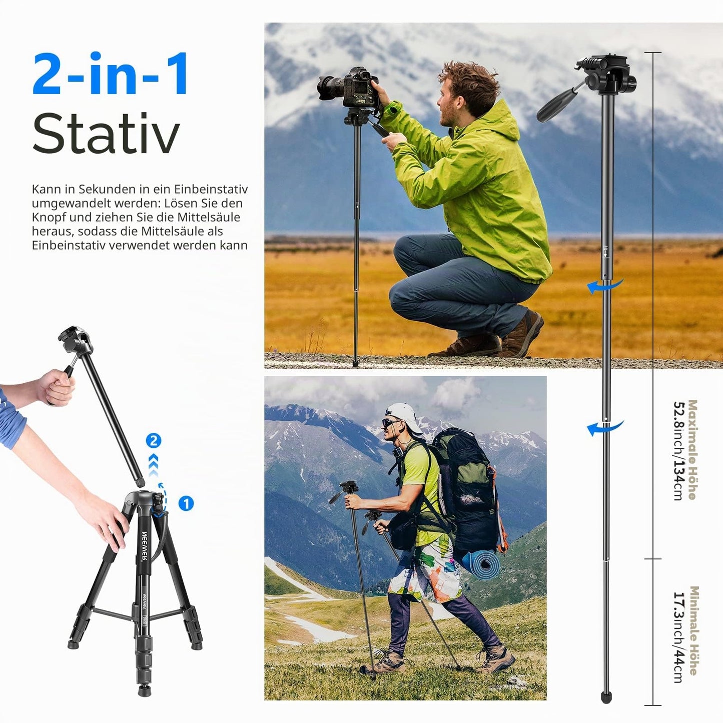 Neewer Portable 177cm Aluminum Alloy Camera Tripod Monopod with 3-Way Swivel Pan Head for DSLR Camera Black - 10089015