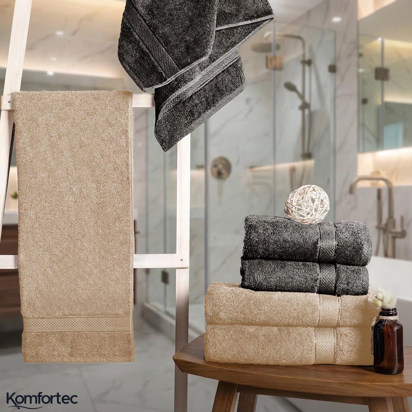 Komfortec set of 8 towels, 4 bath towels 70x140 cm & 4 hand towels 50x100 cm, 100% cotton terry cloth, fluffy and absorbent, black/beige - 4er-50x100-und-4er-70x140-schwarz-beige