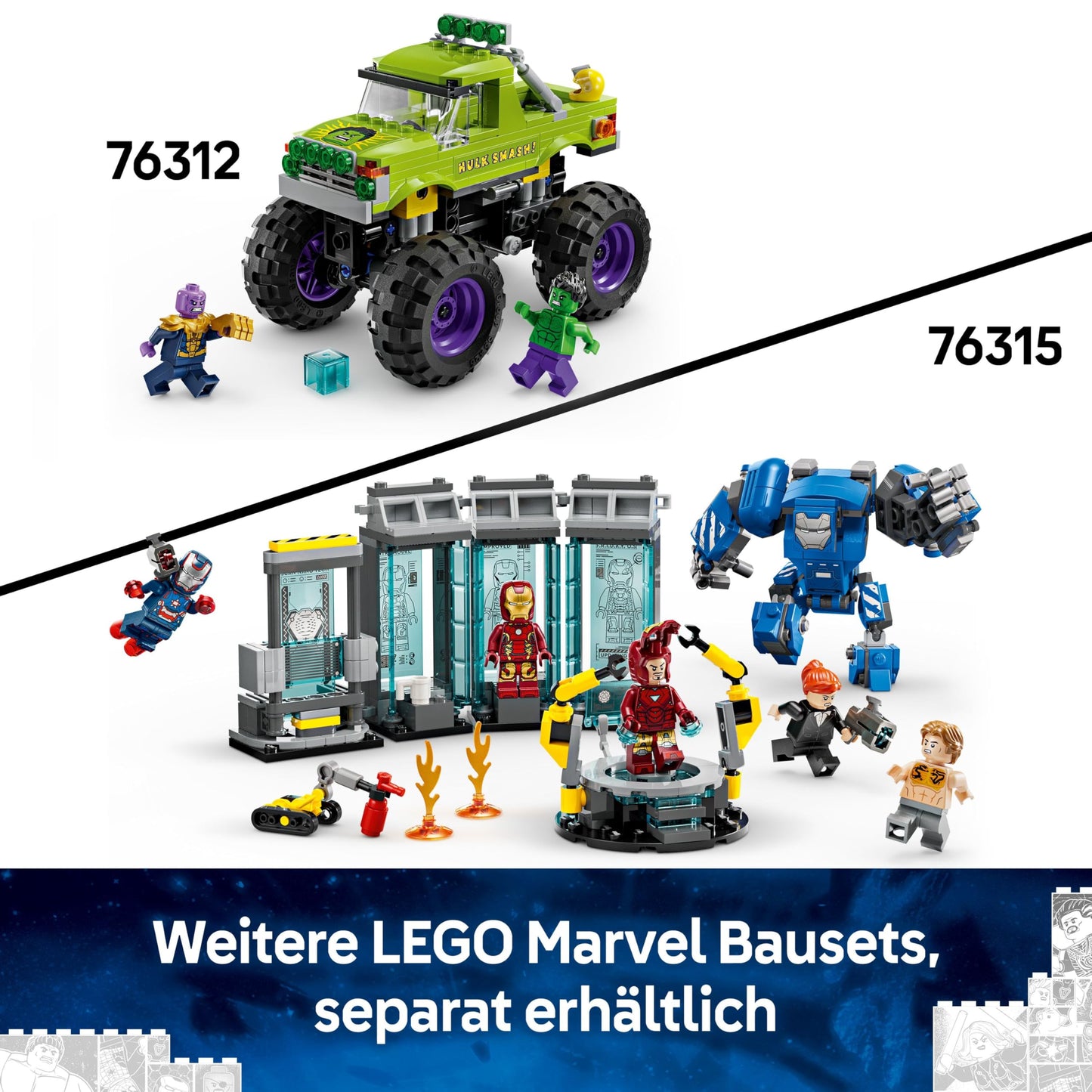 LEGO ǀ Marvel Hulk Truck vs. Thanos - Creative superhero toy - Avengers vehicle and minifigures - Monster truck for fun - Gift for boys and girls aged 7 and up - 76312