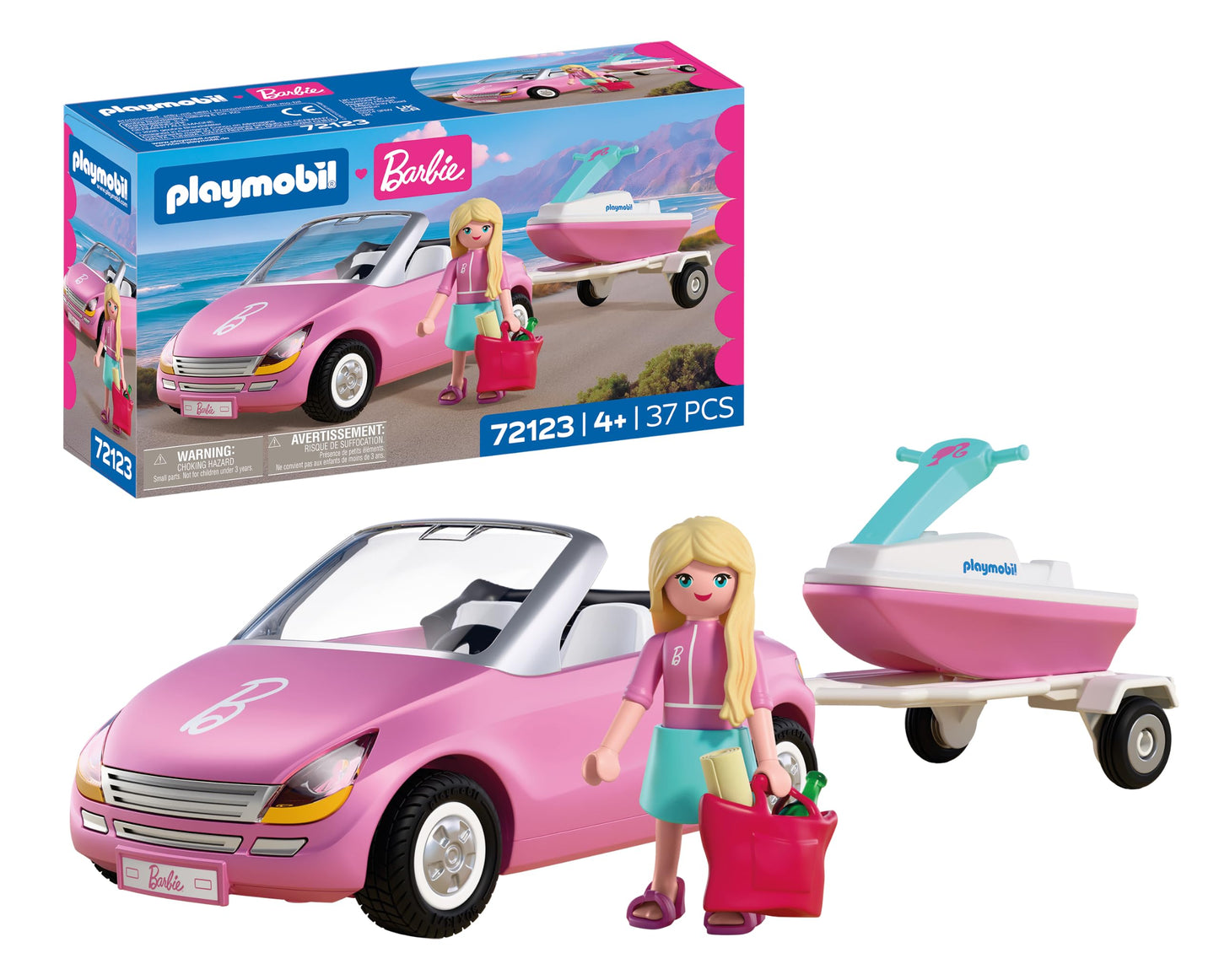 PLAYMOBIL Barbie Convertible | Convertible with trailer & jet ski | Summer Adventures with Barbie on the Malibu Coast | Vehicle & water fun | Creative playset for children aged 4 and over | 72123