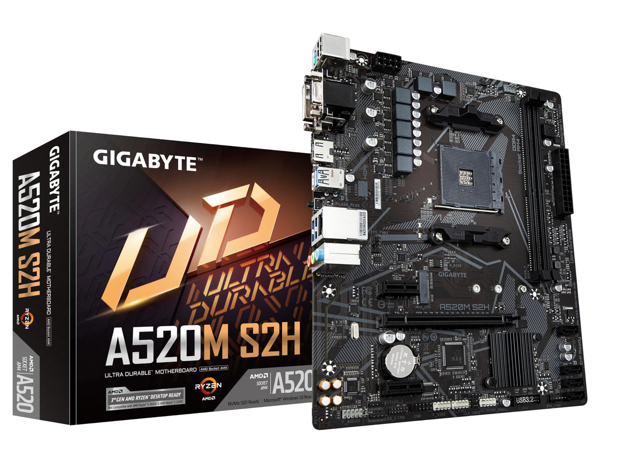 GIGABYTE A520M S2H Mainboard - Supports AMD Ryzen 5000 Series AM4 CPUs, 4+3 phase pure digital VRM, up to 5100MHz DDR4 (OC), PCIe 3.0 x4 M.2, GbE LAN, USB 3.2 Gen 1