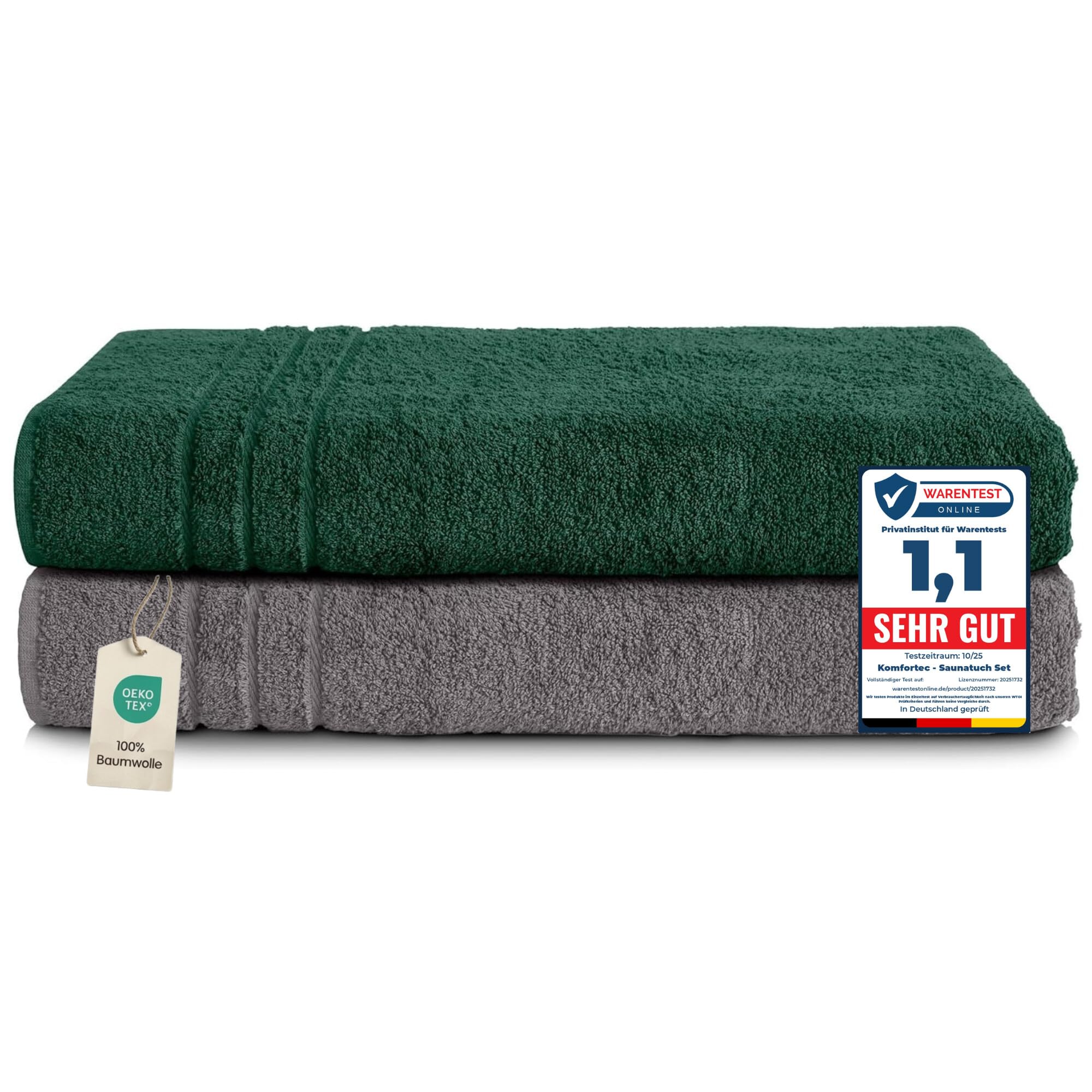 Set de prosoape pentru saună Komfortec 2, 80x200 cm, prosoape mari pentru saună din bumbac 100%, pufoase și absorbante, cu uscare rapidă, gri antracit/verde închis - 2er-80x200-anthrazit-dunkelgrun