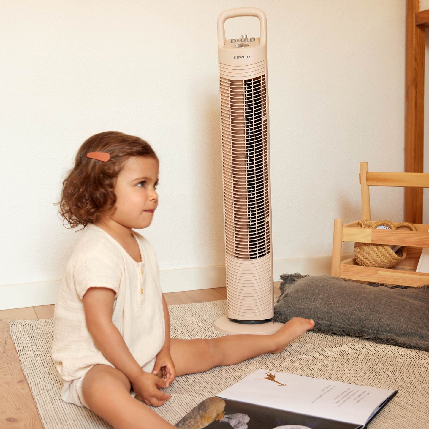 Newlux - tower fan without blades W80 (45W) 3 speed levels, 70° oscillation and timer 120min. Pedestal fan with copper motor and transport handle. No installation (coral) - 1200496