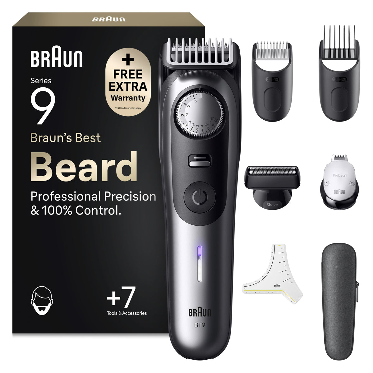 Braun Tunsor de barbă Series 9, Tunsor de barbă fără fir pentru bărbați, BT9520, Crom