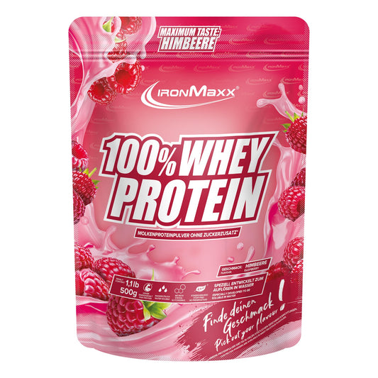 IronMaxx 100% Whey Protein Powder 500g - Raspberry | Creamy protein shake with BCAAs & EAAs | High protein, low carb & low sugar | Ideal for muscle building & fitness. Design may vary. - 41212