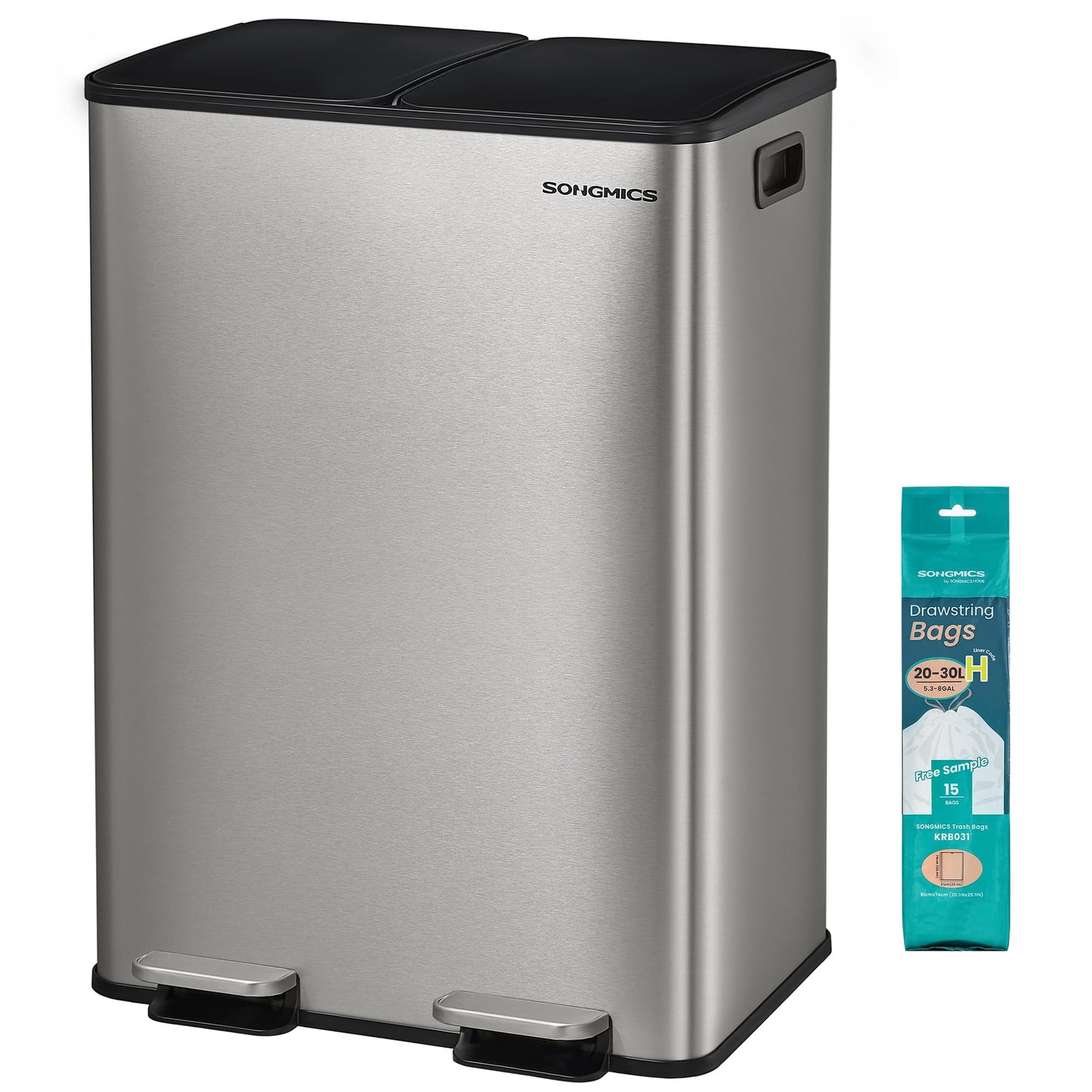 SONGMICS kitchen trash can, 2 x 30 liters, 2 compartments, trash can, pedal trash can, kitchen trash can with soft close lid and inner bucket, stainless steel, including 15 trash bags, silver LTB741EZ01