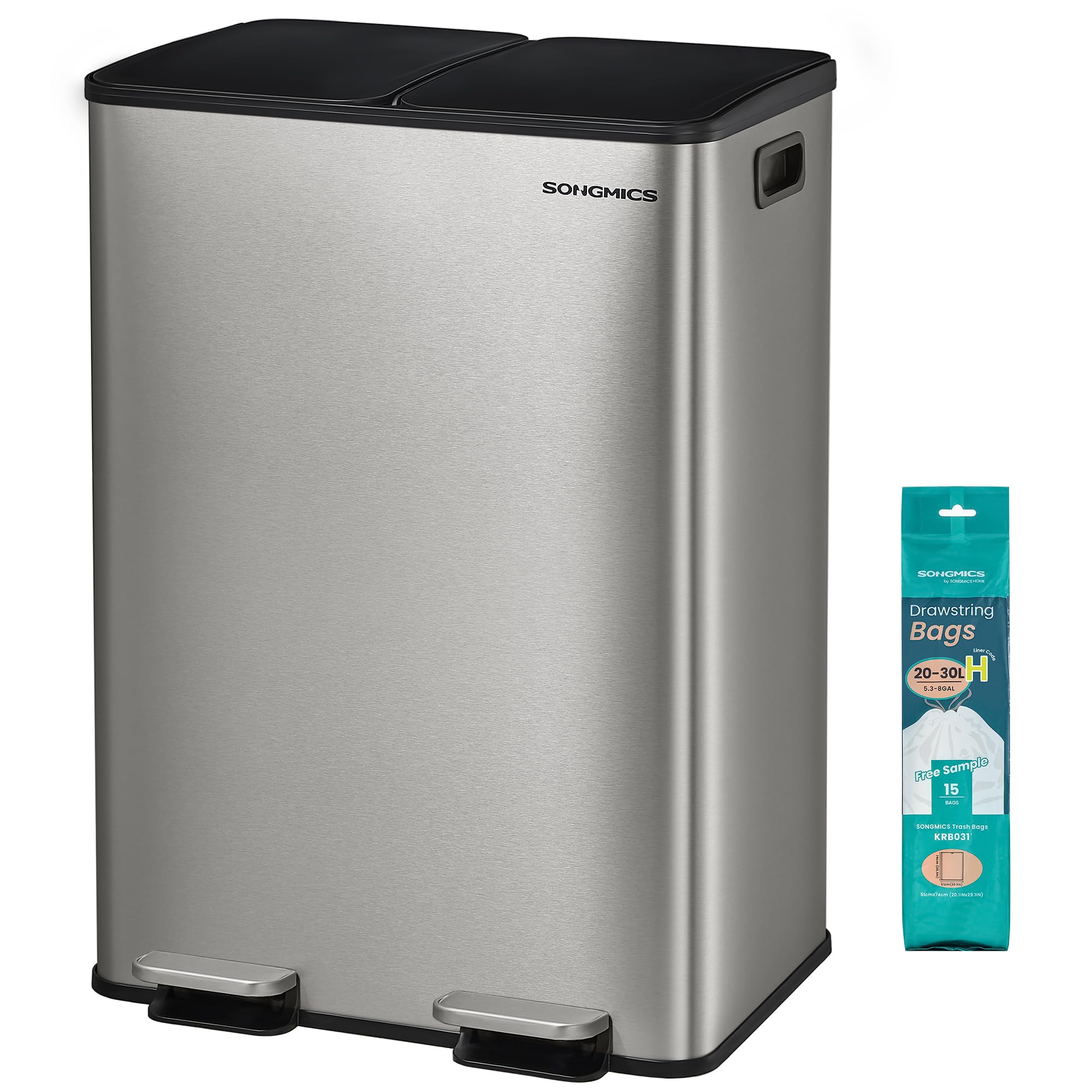 SONGMICS kitchen trash can, 2 x 30 liters, 2 compartments, trash can, pedal trash can, kitchen trash can with soft close lid and inner bucket, stainless steel, including 15 trash bags, silver LTB741EZ01