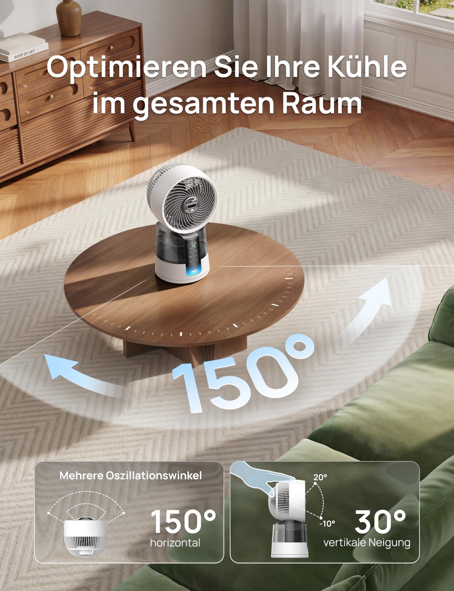 DREO TurboCool Mist Fan 516S, table fan with 150°+30° oscillation, evaporative cooler, 7.9 m/s, ultra-fine mist, 20 dB quiet, 6 speeds, 2 modes, app & remote control, RGB, white - DR-HEC006S