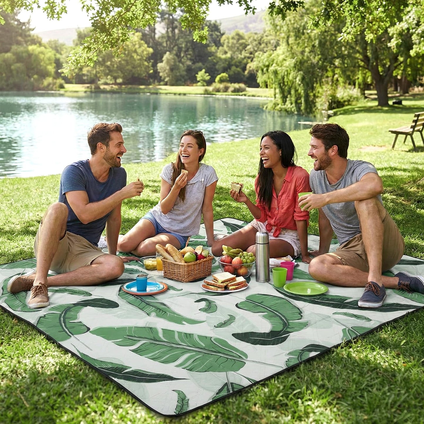 Sekey picnic blanket, waterproof, 200 x 200 cm, beach blanket, sand-free Padded, three-layer structure, PEVA waterproof base, tie strap carry strap, suitable for picnic, camping, beach - PM19