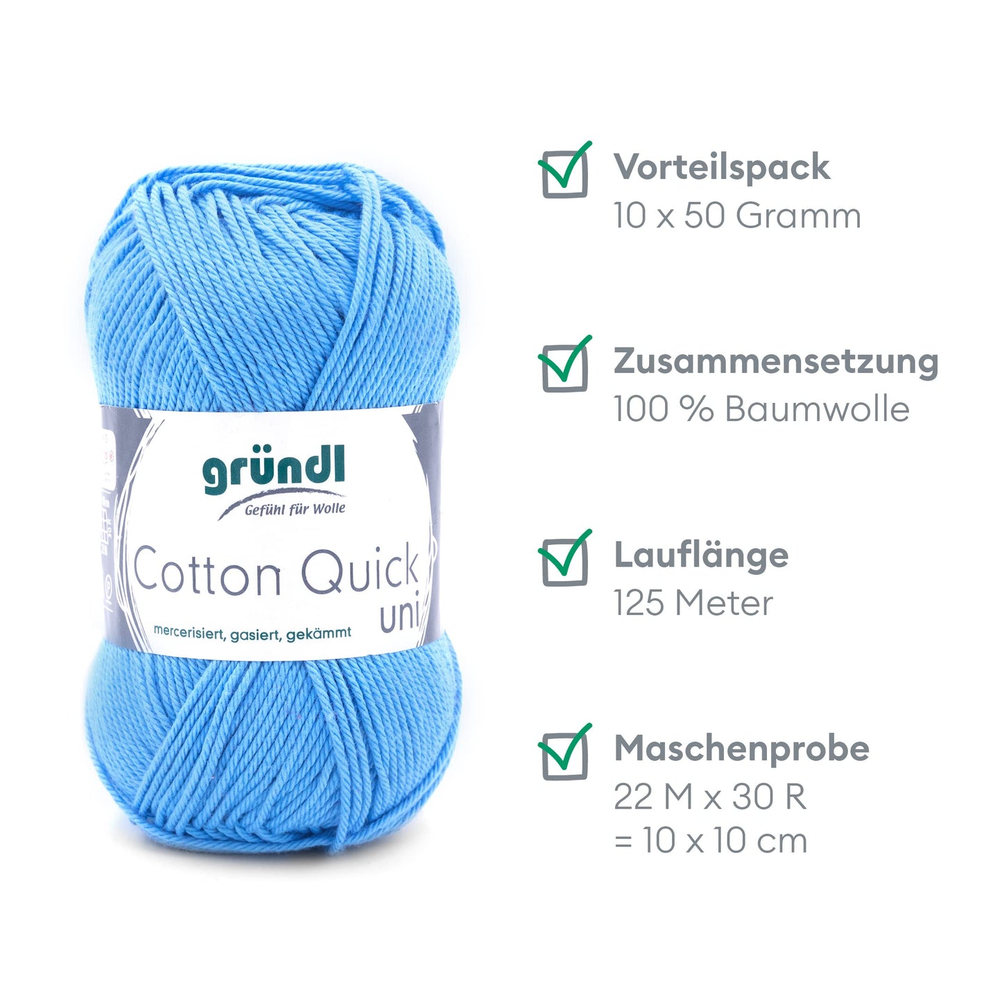 Gründl Wolle Cotton Quick uni - thin wool for crocheting - knitting yarn - crochet yarn - shiny and skin-friendly - 100% cotton - 10 balls 50 g / 125 m - needle size 3-4 - light blue - 865-127