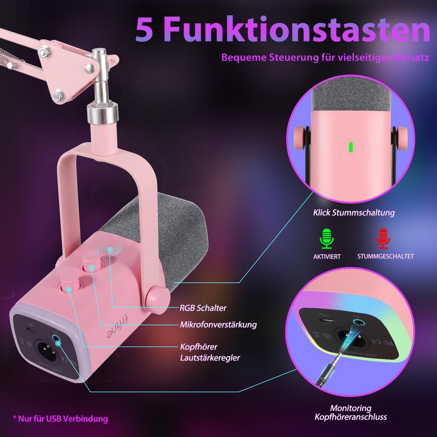 FIFINE XLR Streaming Microphone with Arm for Podcast Studio, USB Dynamic Microphone Gaming PC with Mute Button, for PS4/5 Mac Mixer Sound Cards - Rose - MI37