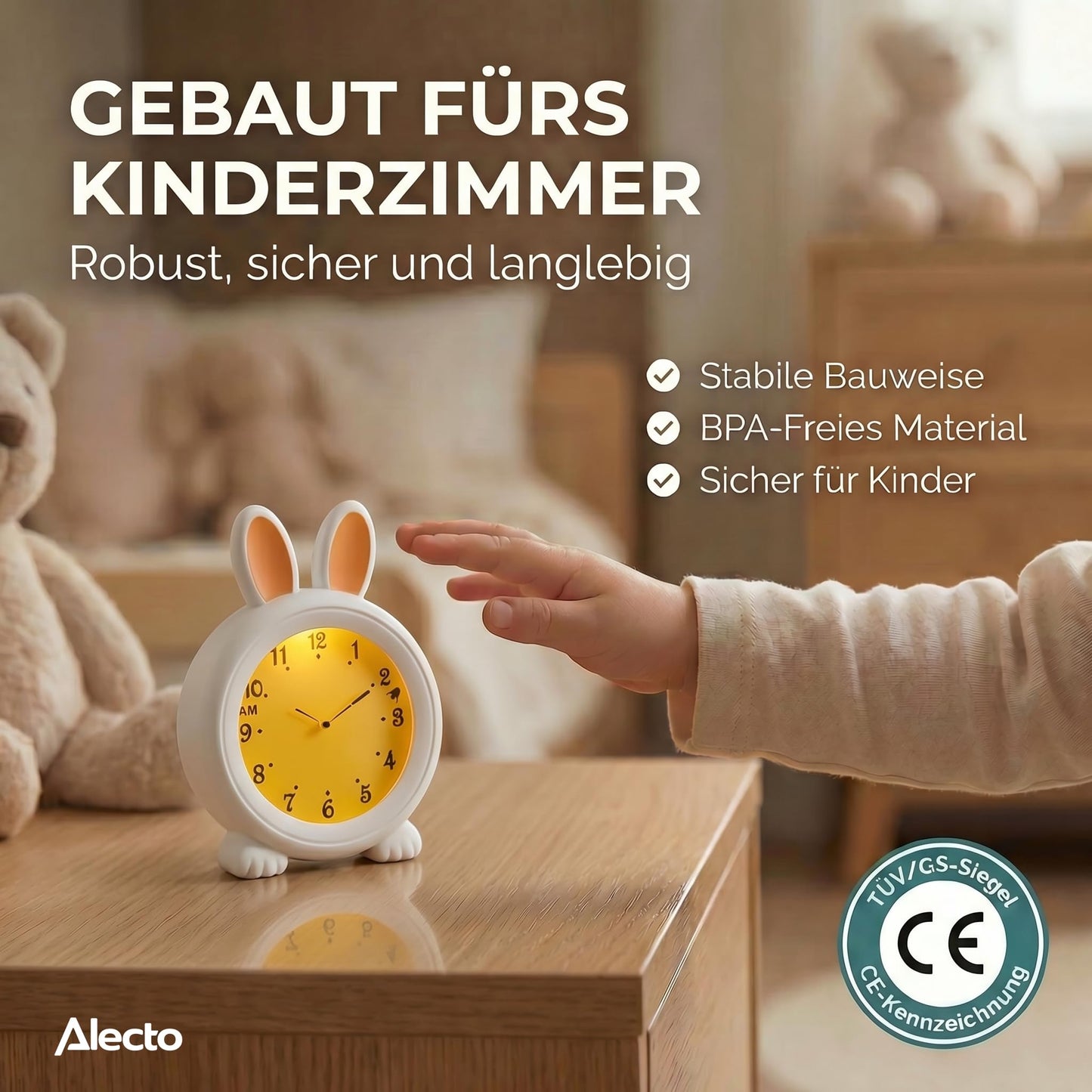 Alecto Monkey Alarm Clock Children - Children's Alarm Clock USB Rechargeable - Children's Alarm Clock with Night Light - Sleep Trainer (White) - BC100