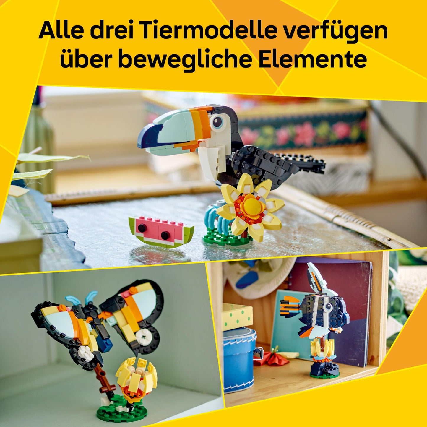 LEGO Creator 3in1 Wild Animals: Tropical Toucan with a Flower - Toy Animal Transforms into a Butterfly Figure or a Tropical Fish - Creative Gift for 7+ Year Old Girls & Boys - 31173