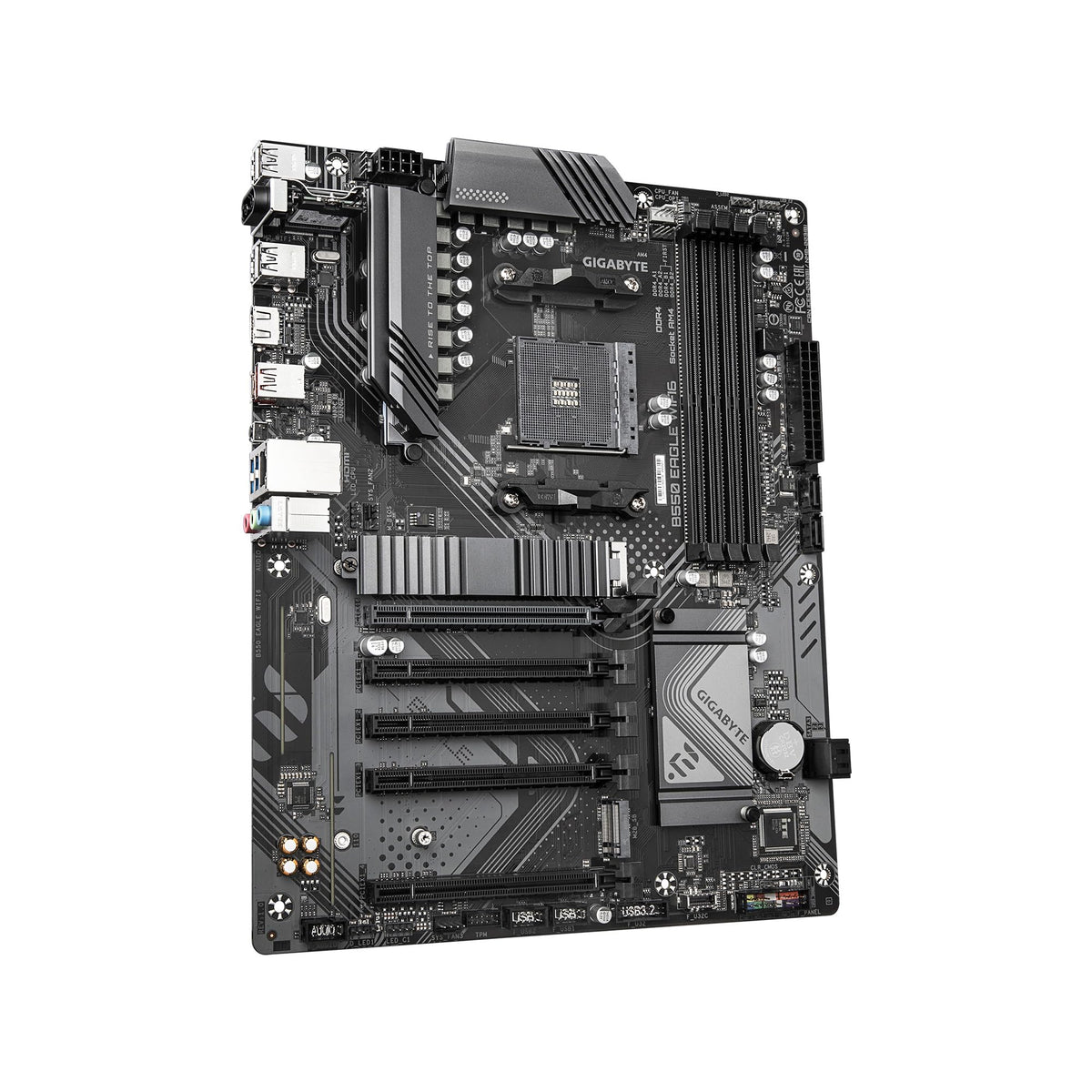 GIGABYTE B550 Eagle WIFI6 Mainboard – Compatible with AMD Ryzen 5000 G-Series CPUs, featuring a 10+3+1 phase VRM, supports up to 3200 MHz DDR4, includes 1x PCIe 4.0 and 1x PCIe 3.0 M.2 slots, 1GbE LAN, WiFi 6, and USB 3.2 Gen 2.