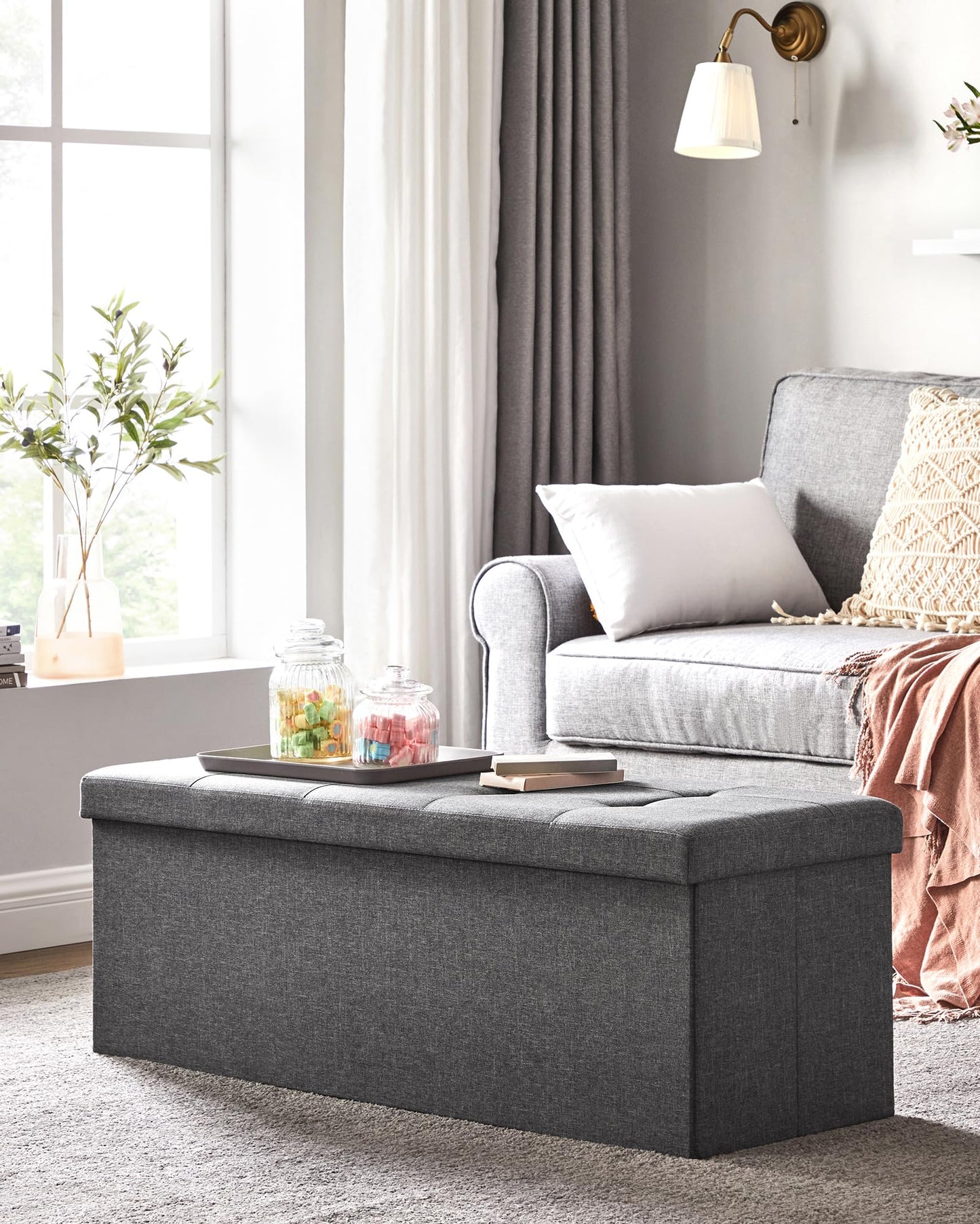 SONGMICS stool with storage space, folding bench, 38 x 110 x 38 cm footstool, storage box, loads up to 300 kg, for living room, bedroom, hallway, slate gray LSF77K - 6955880314393