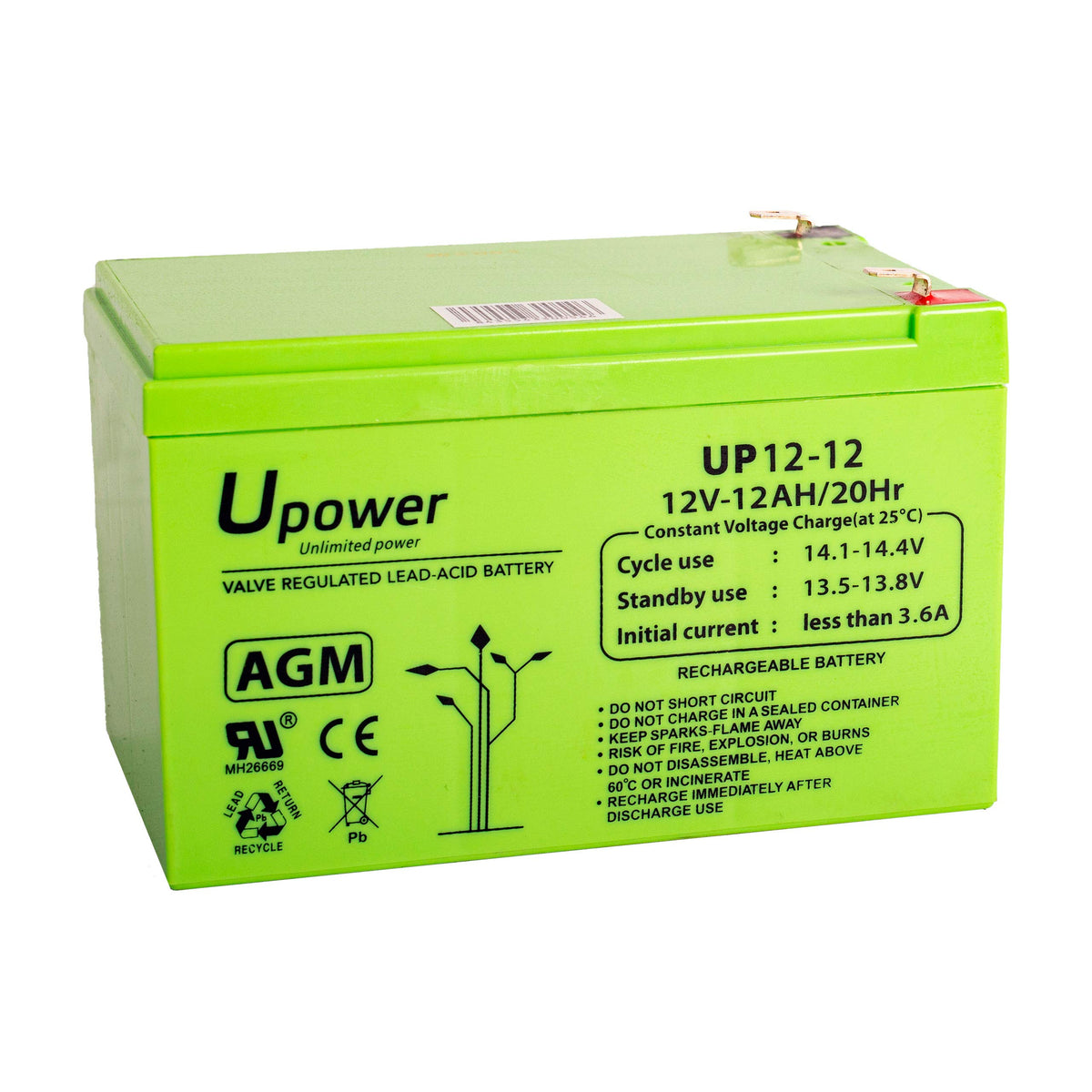 Baterie U-Power AGM 12V 12Ah, VRLA, acumulator cu plumb fără întreținere, reîncărcabil, Faston F2 (6,3 mm), pentru sisteme de alarmă, UPS/USV, securitate și electronică.