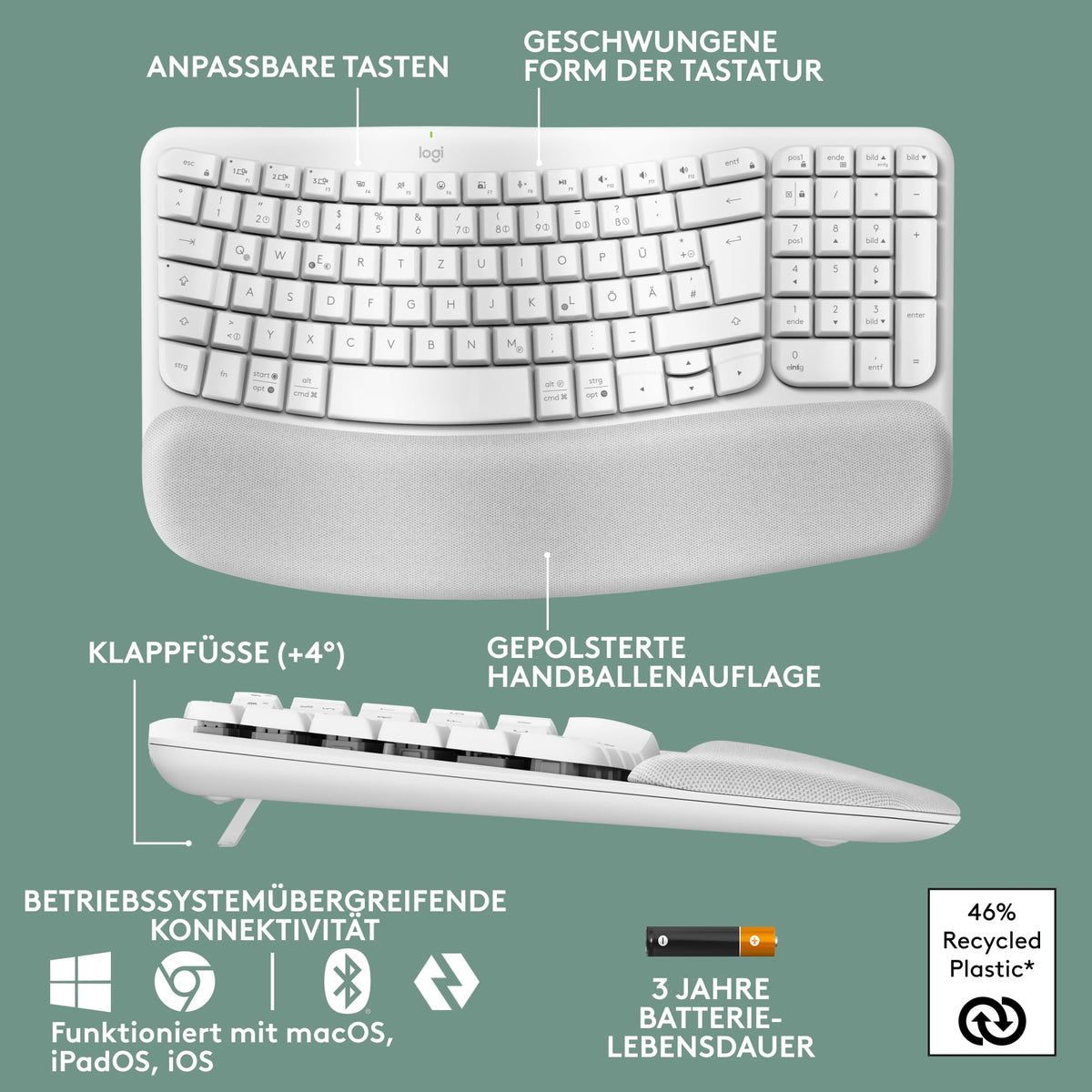 Logitech Wave Keys wireless ergonomic keyboard (White) - 920-012284