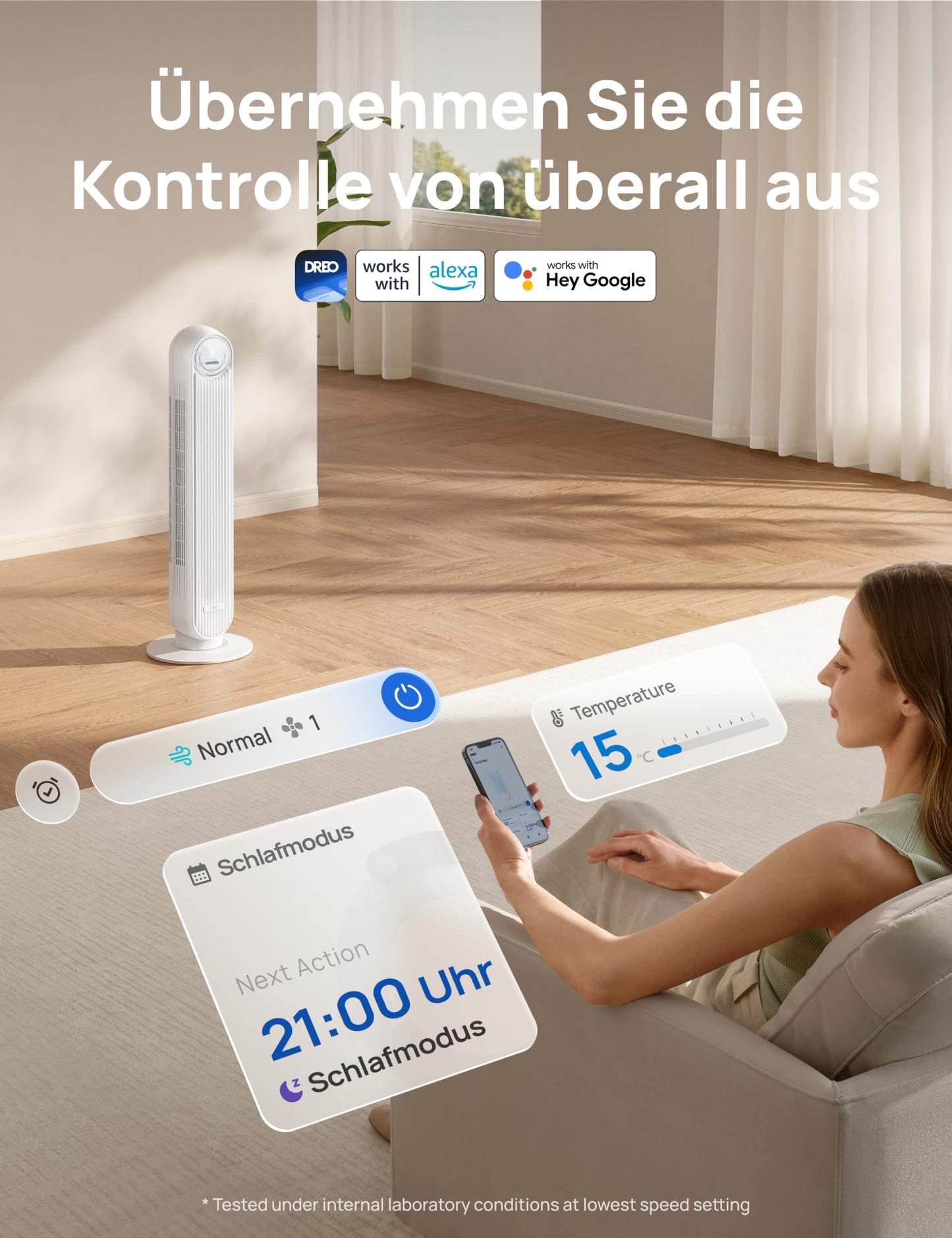Dreo Smart 20dB Quiet Tower Fan, 10 m Throw 4 Speed Levels 4 Modes 8 Hour Timer 90° Oscillating Fan with Cooling WiFi & Remote Control for Bedroom, Nomad OneS, White - DR-HTF007S