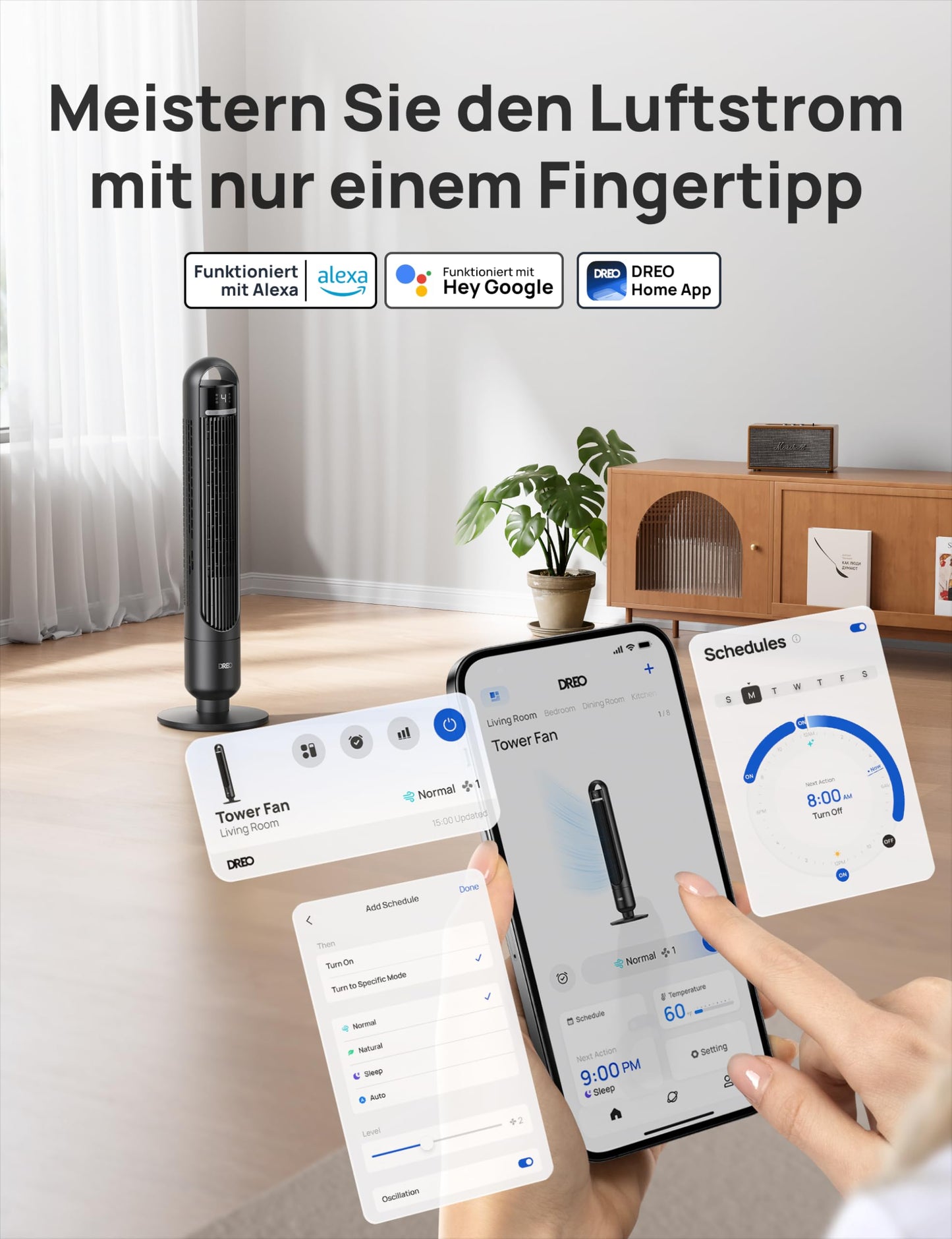 DREO Smart tower fan for the bedroom, quiet pedestal fan with 28 dB, air range up to 8.8 m, 4 levels & 3 modes, 8 hour timer, app, Alexa & Google, 90° oscillation, for home/office - DR-HTF017S