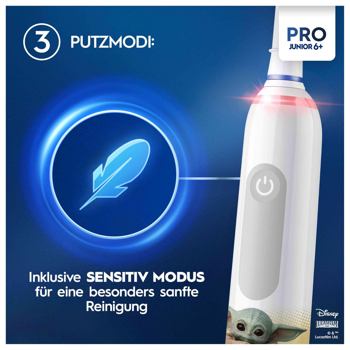 Oral-B Pro Junior Star Wars Electric Toothbrush for kids aged 6 and up, 2 replacement brush heads, 360° pressure control, 2 brushing modes including sensitive for dental care, soft bristles, white - 8006540957196