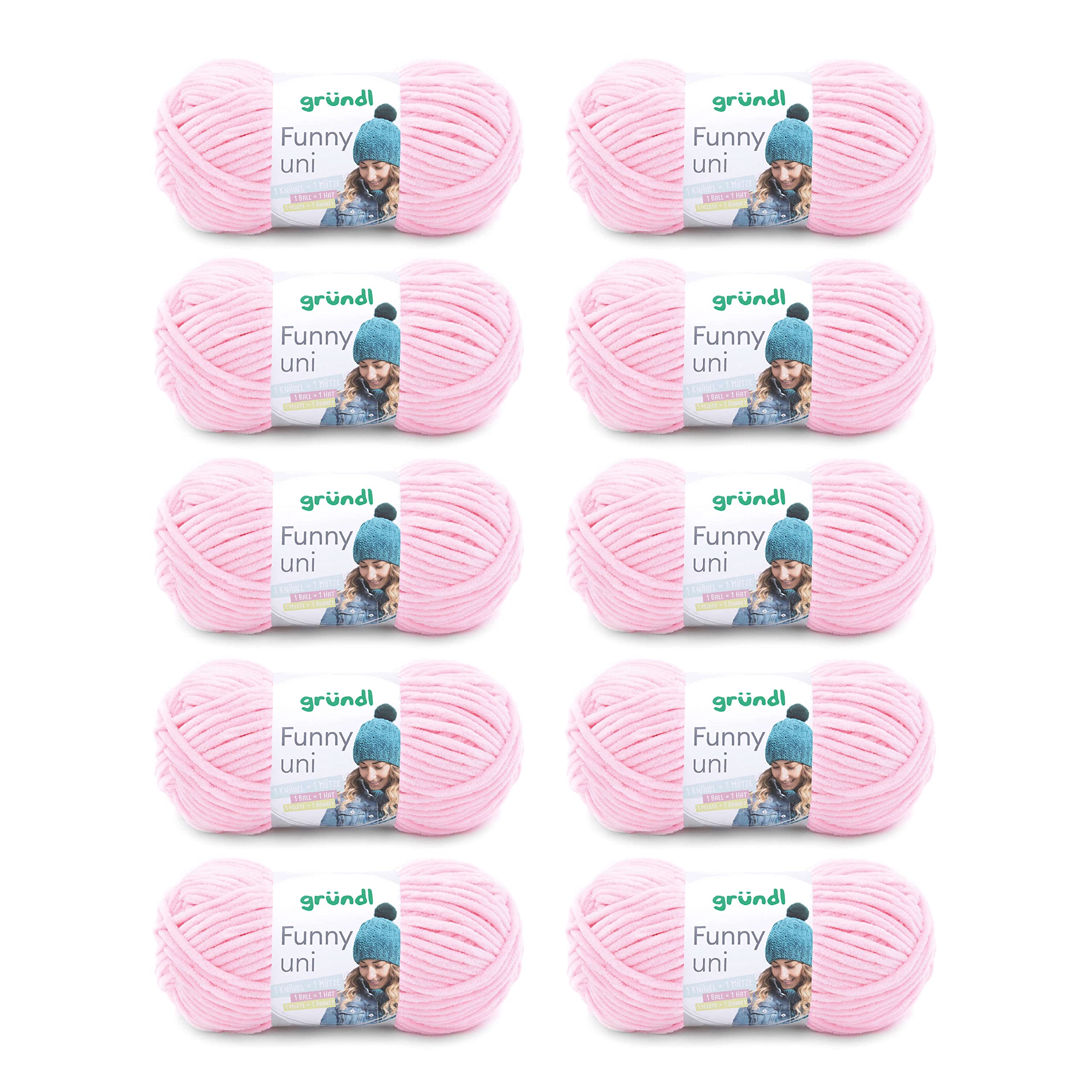 Gründl Wolle Funny uni - lână moale tip chenille pentru croșetat - pufoasă și delicată cu pielea - 100% poliester - 10 sculuri 100 g / 120 m - mărimea acului 5-6, roz pastel - 3442-06