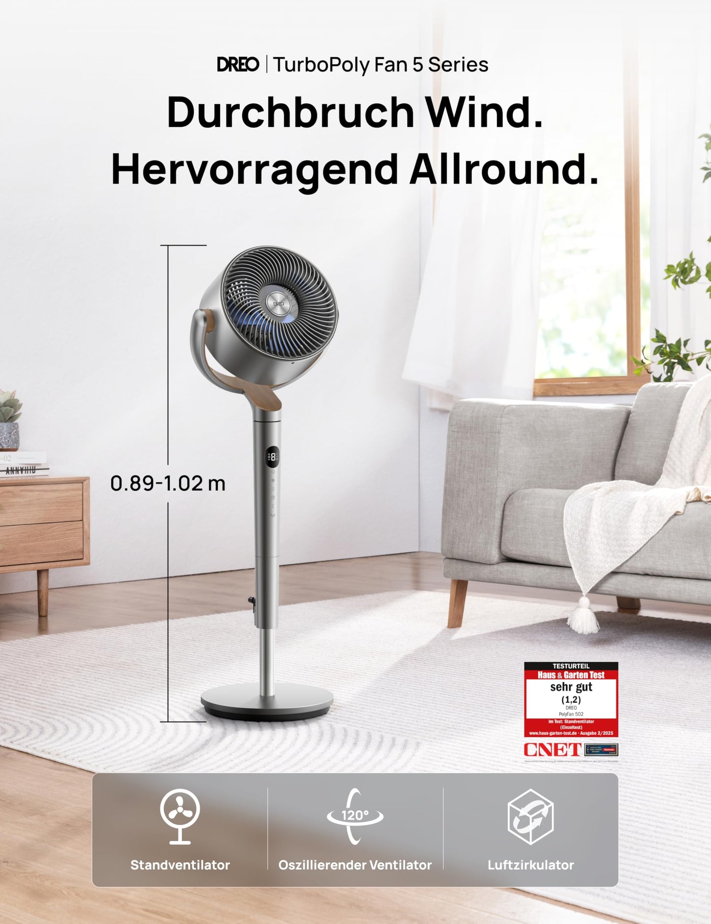 DREO 20dB quiet pedestal fan, 120°+120° omni-directional oscillating fan, 26M wind distance, 1200m³/h air volume Real turbo air circulator fans, 102CM height 3 modes 8-speed - DR-HPF002