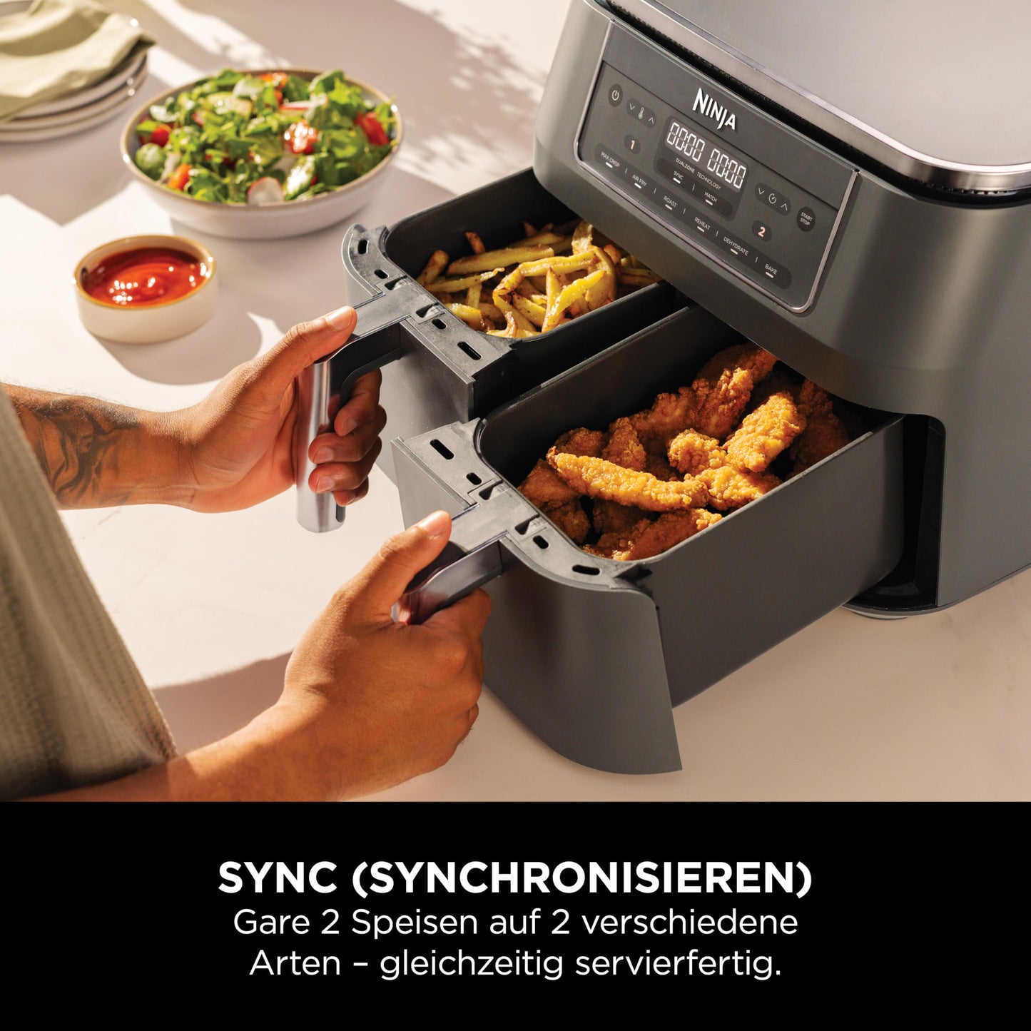 Ninja Dual Zone Digital Air Fryer, 2 Drawer, 6-in-1, Oil-Free Air Fryer, 7.6L, Air Frying, Max Crisp, Roasting, Baking, Reheating, Dishwasher Safe Baskets, Metallic Gray DZ300EU