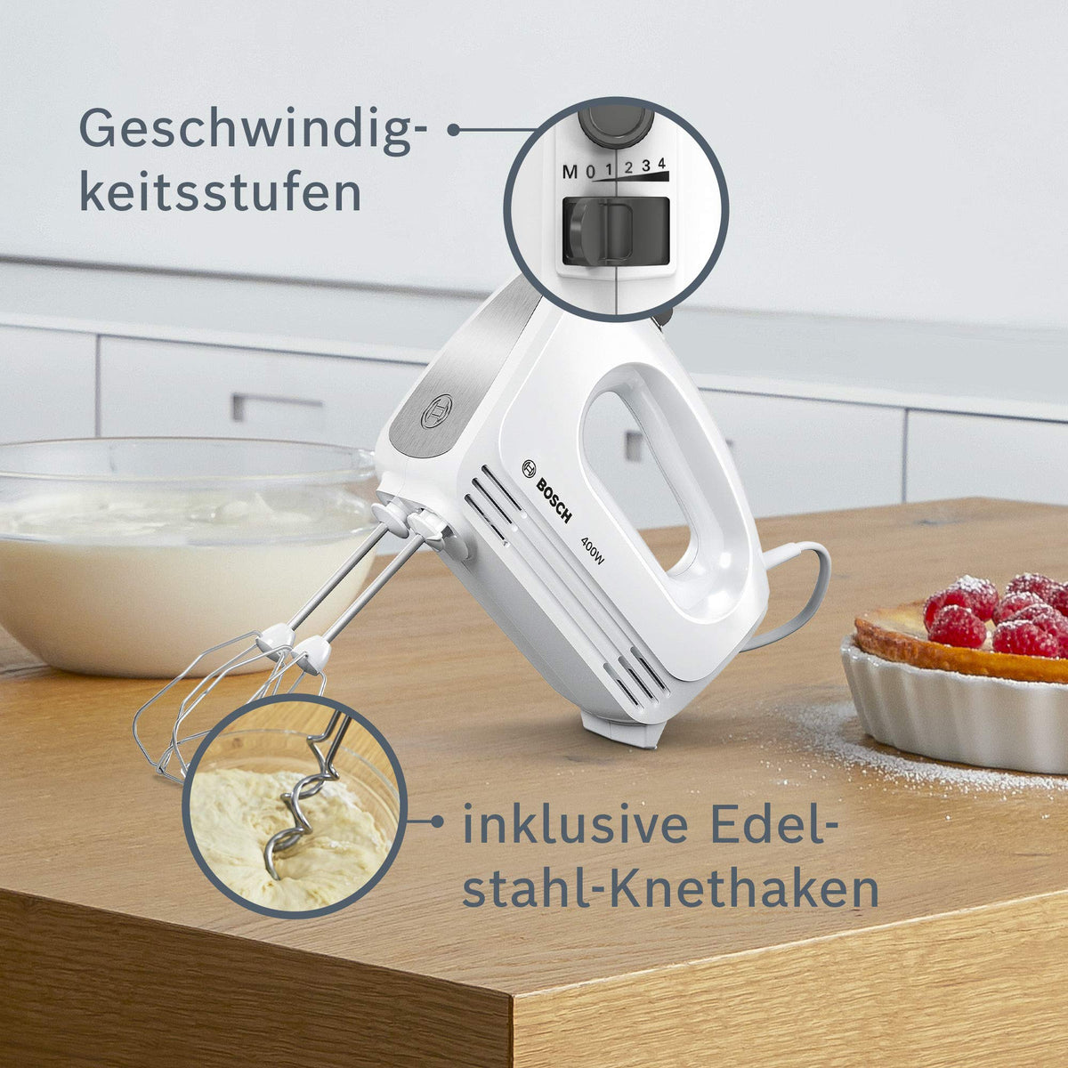 Bosch Hand Mixer, 2 beaters, 2 dough hooks, stainless steel, dishwasher safe, 4 speed settings, turbo function, lightweight, quiet, 400 W, white, CleverMixx MFQ24200