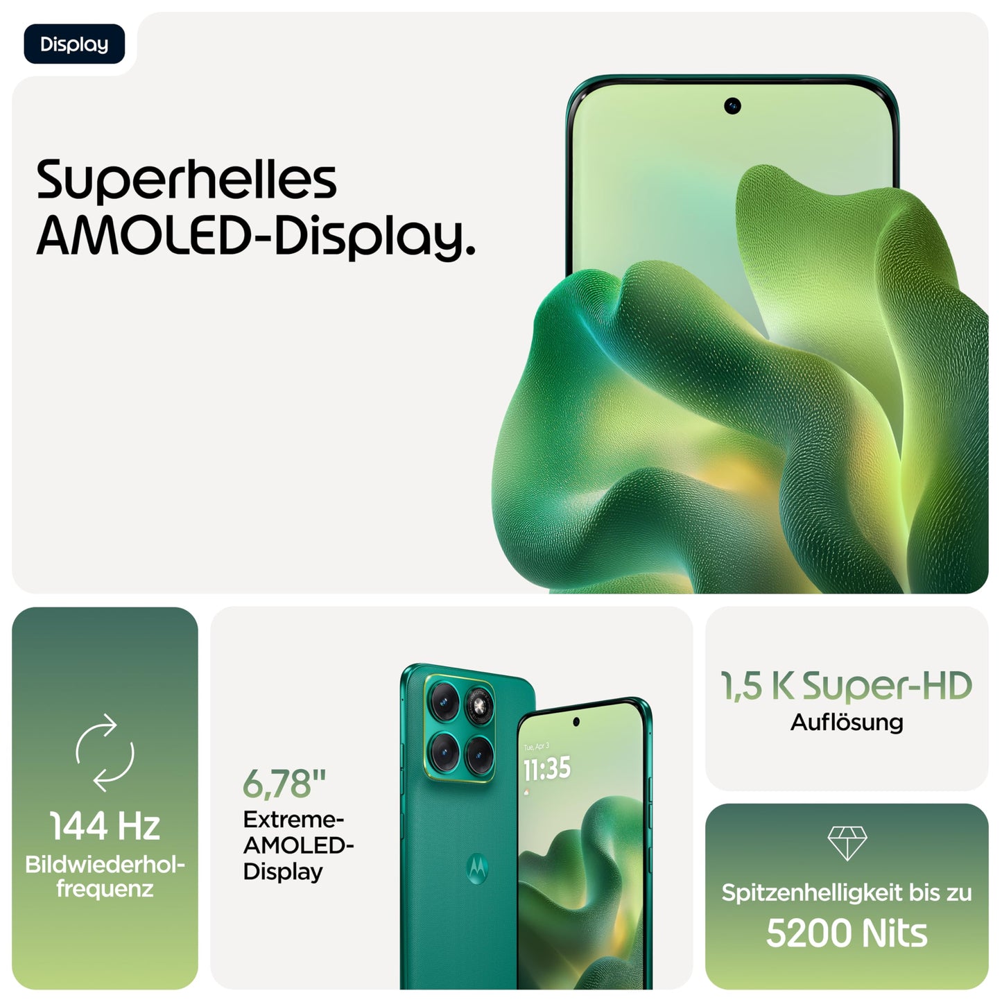Motorola Edge 70 Fusion Smartphone (6.78" Super HD+ Rugged Display with Corning Gorilla Glass 7i, 50MP Camera, 8/256GB, 5100mAh, 68W TurboPower Charging) Pantone Sporting Green - PBBDOOO5SE