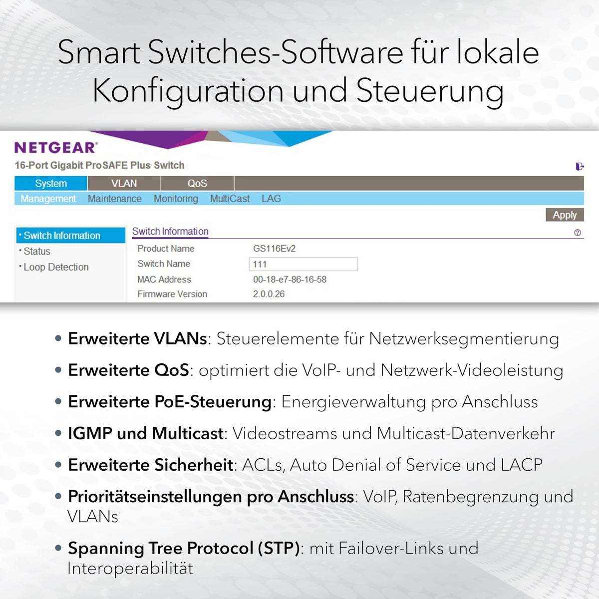 NETGEAR Switch Smart Gigabit Ethernet cu 24 porturi (GS724T) gestionat, opțional cu management cloud Insight pentru 1 an, cu 2 SFP de 1G, montabil pe birou și rack, și garanție limitată pe durata utilizării. - GS724T-600EUS