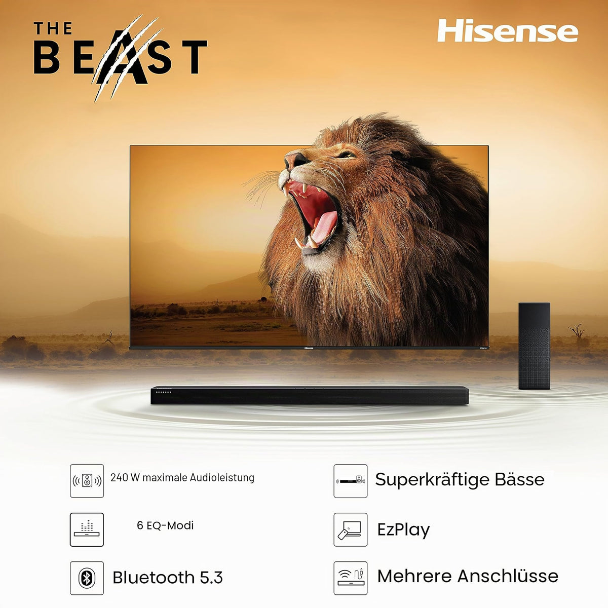 HS2100, 2.1 Channel Soundbar, 240W max Audio Power, Dolby Audio, DTS Virtual:X, Ultra-Slim Wireless Subwoofer, TV Mode, EzPlay - Hisense