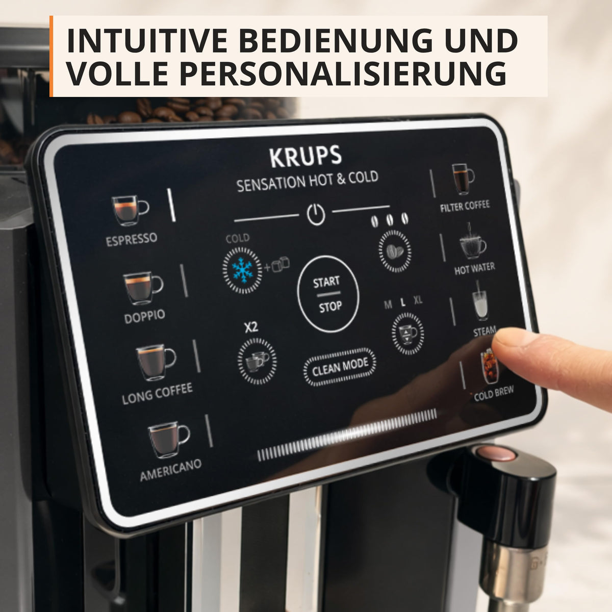 KRUPS Sensation Hot & Cold Coffee Machine, 12 recipes, intuitive operation, complete customization, steam nozzle, cold brew aroma technology, automatic cleaning, dark gray, EA913HE0