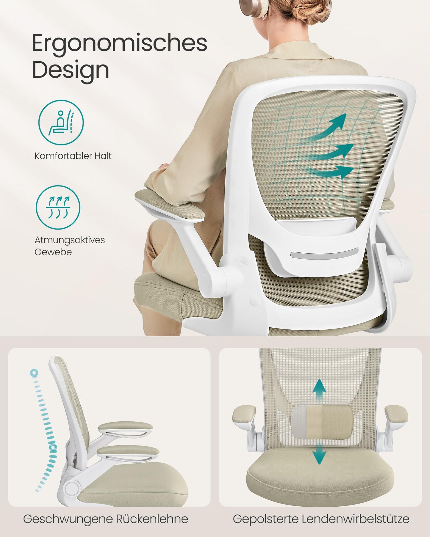 SONGMICS ergonomic office chair, swivel chair with mesh, lumbar and headrest, rocker function, 53 cm seat, folding armrests, study and bedroom, students, oatmeal beige OBN037K02