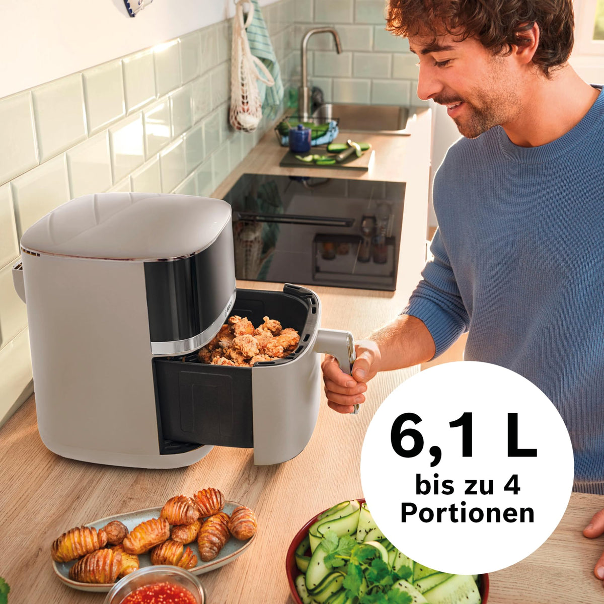 Bosch Series 4 Hot Air Fryer, XL Air Fryer, cream, 6.1 L capacity, 7 preset programs, defrost and keep warm function, touchscreen, up to 60% faster cooking, MAF462C0
