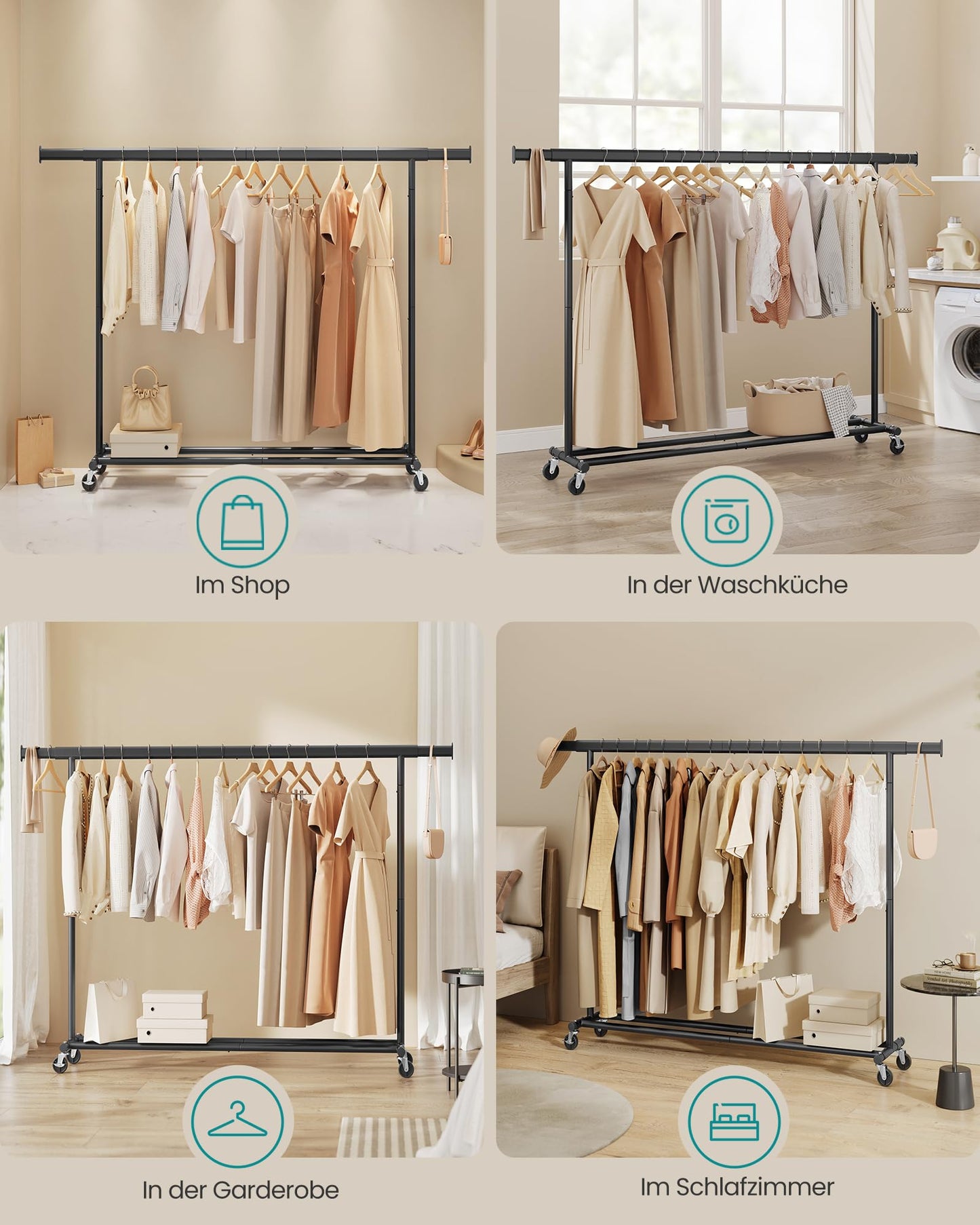 SONGMICS clothes rack on wheels, heavy-duty coat rack, extendable clothes rail, loads up to 150 kg, easy assembly, transportable, black HSR175B01 - UHSR175B01