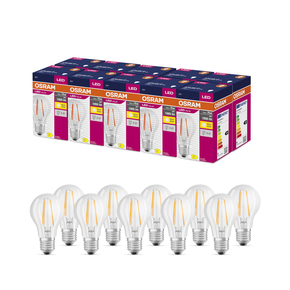 Osram LED Star Value Classic A75 LED Lamp for E27 socket, bulb shape, FIL, 1055 lumens, warm white (2700K), replacement for traditional 75W incandescent bulbs, non-dimmable, pack of 10 - 4058075288676