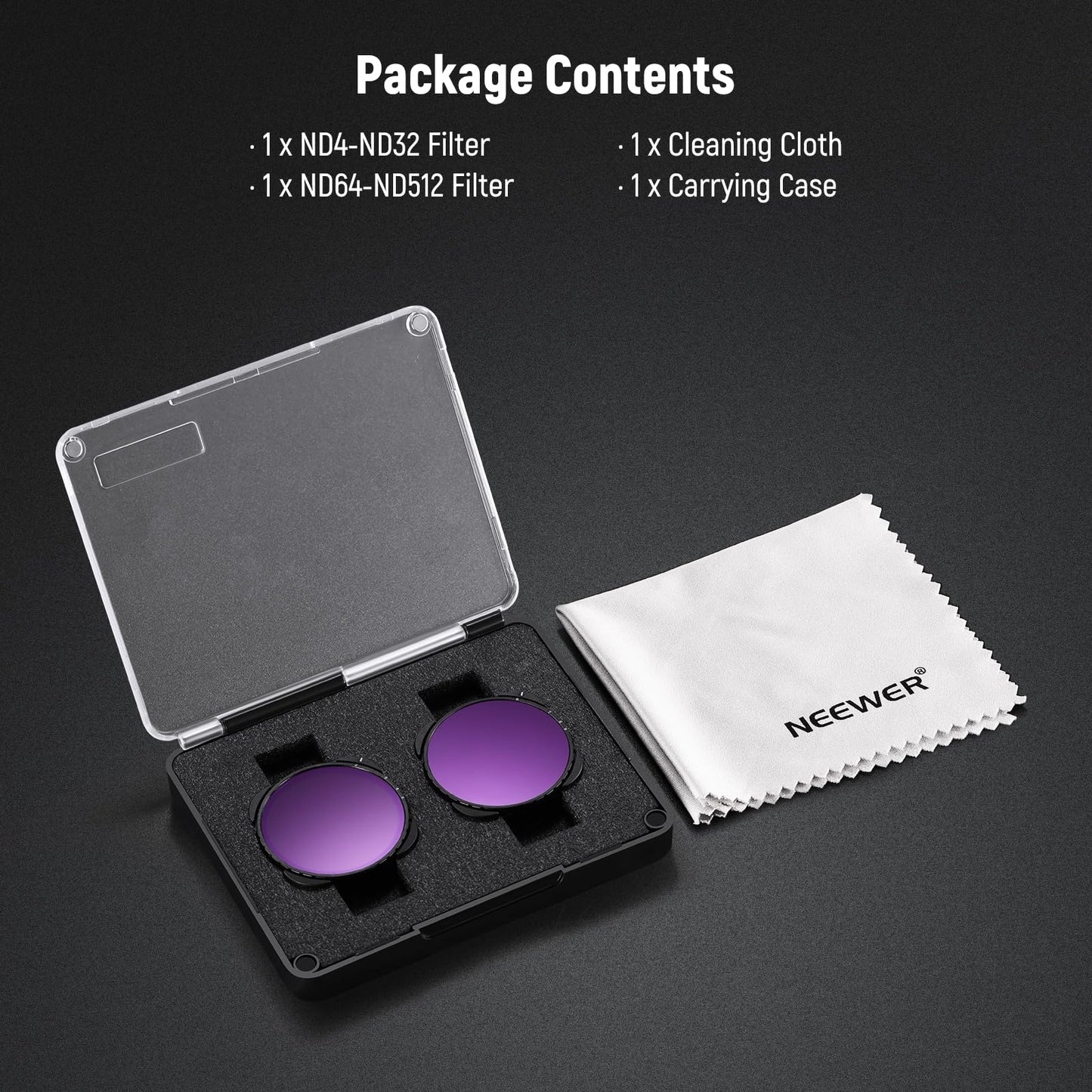 NEEWER Variable ND4-32 and ND64-512 filter set, pack of 2, 2-5 and 6-9 stops gray filter accessories, optical HD glass slim frame, compatible with GoPro Hero 9 10 11 12 Go Pro 13 Black, no X pattern - 10105800