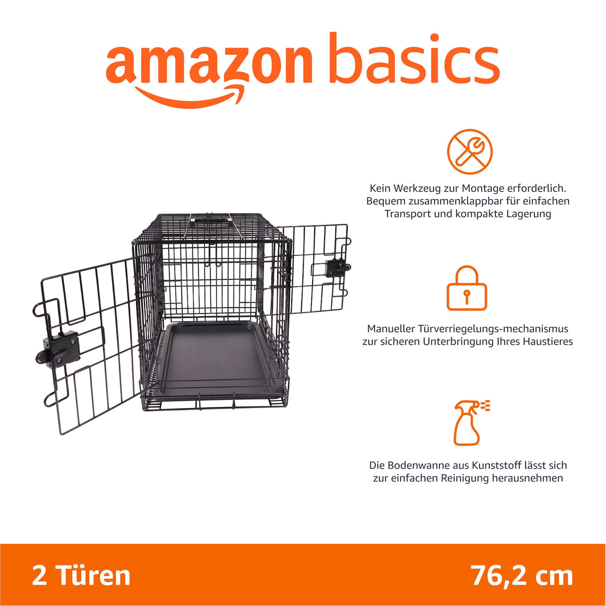Amazon Basics Collapsible Dog Crate Made of Metal Wire with Floor Tray, Double Door, Black, L 76 x W 48 x H 53 cm - 9001N-30B