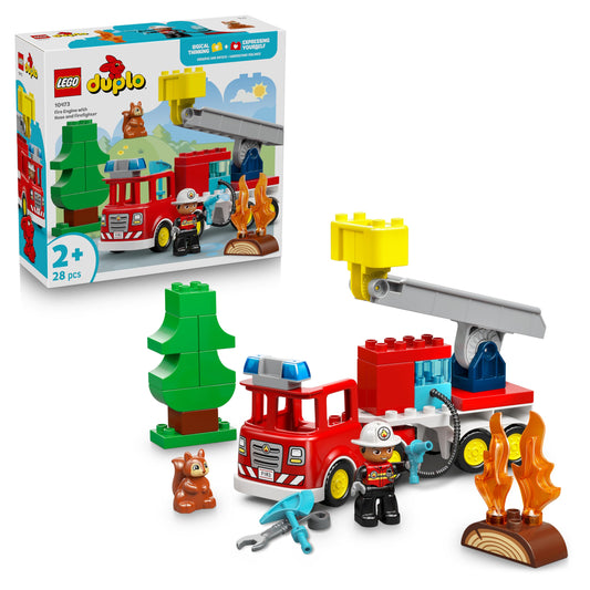 LEGO DUPLO Town fire engine with hose and firefighter - learning toy for motor skills - red fire engine with ladder, figure and squirrel - gift for boys and girls aged 2 and over - 10473
