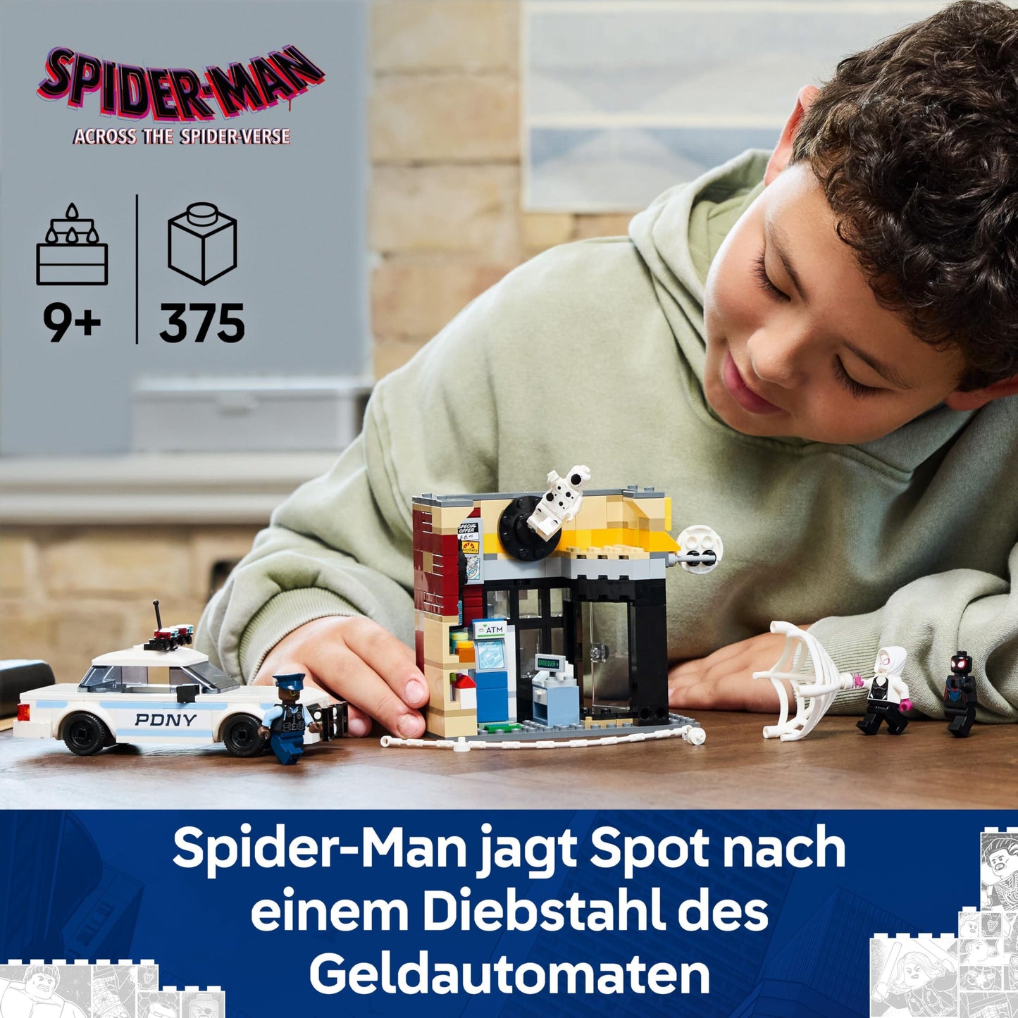 LEGO | Marvel Spider-Verse: Miles Morales vs. Spot - Superhero playset with toy car - 4 minifigures and mini market - Creative gift for boys and girls aged 9 and up - 76311