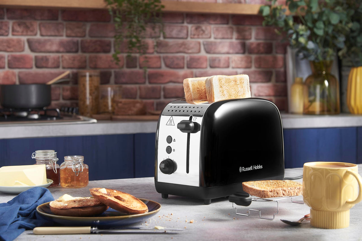 Russell Hobbs Toaster [for 2 slices] Colours Plus Stainless Steel Black (extra wide toast slots, includes bun warmer, 6 browning levels + defrost function, Lift & Look feature, 1600W) 26550-56
