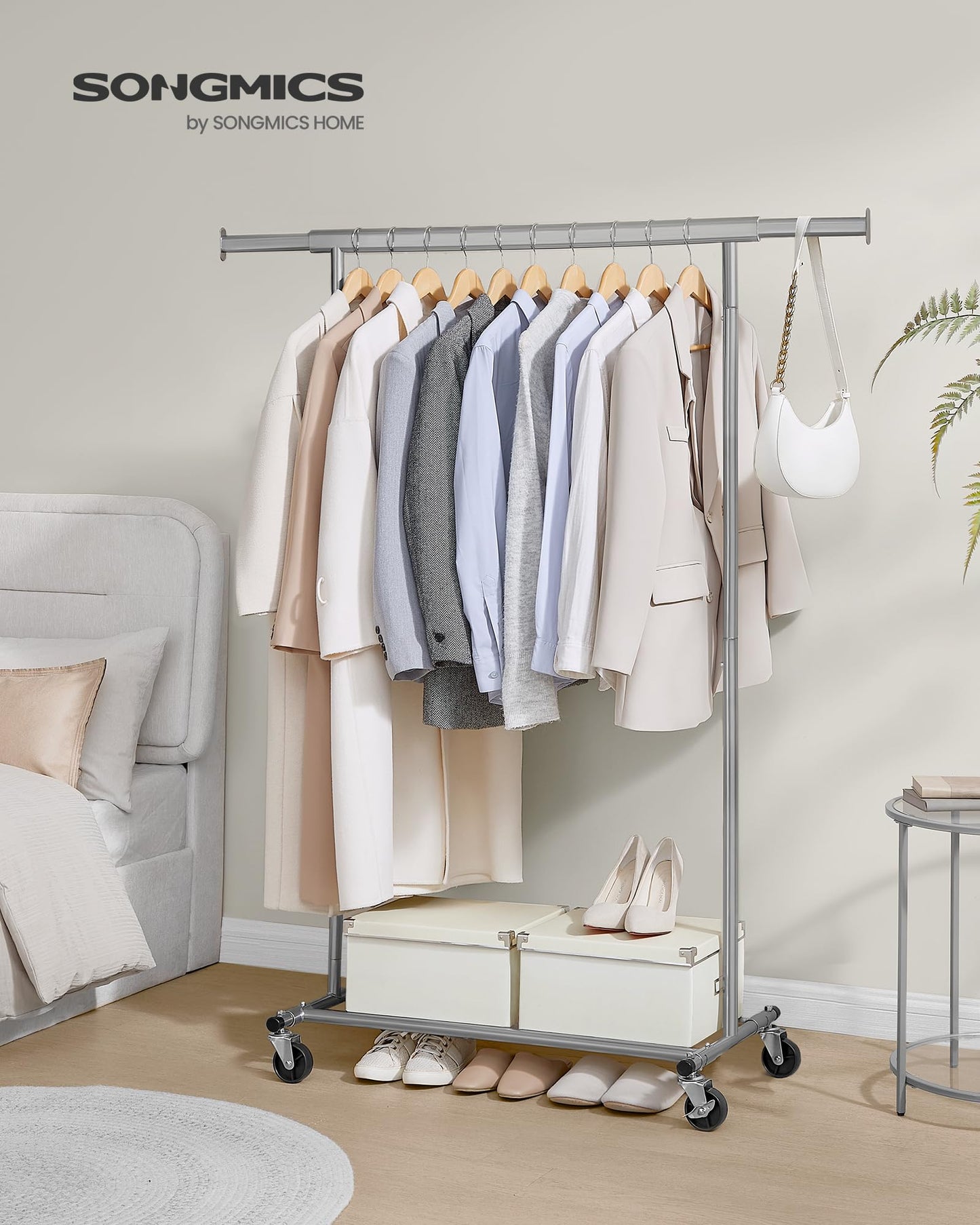 SONGMICS clothes rack on wheels, heavy-duty coat rack, extendable clothes rail, loads up to 100 kg, easy assembly, transportable, dove gray HSR013G01 - UHSR013G01