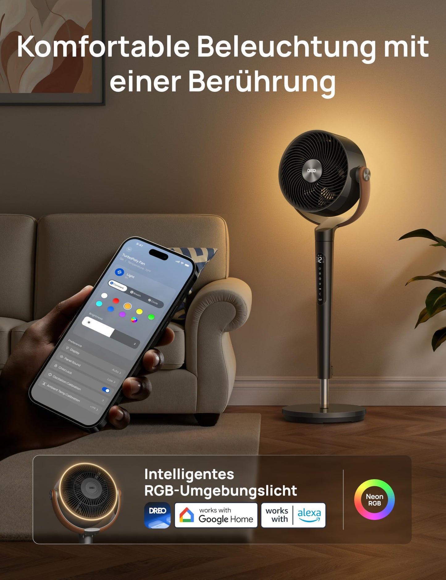 DREO 20dB quiet smart pedestal fan for bedrooms with RGB LED, 150°+120° oscillation, 30m air circulation fan and 2209m³/h air volume, 12 speeds, 6 modes, 94-107cm height, WiFi & Alexa - DR-HAF003S