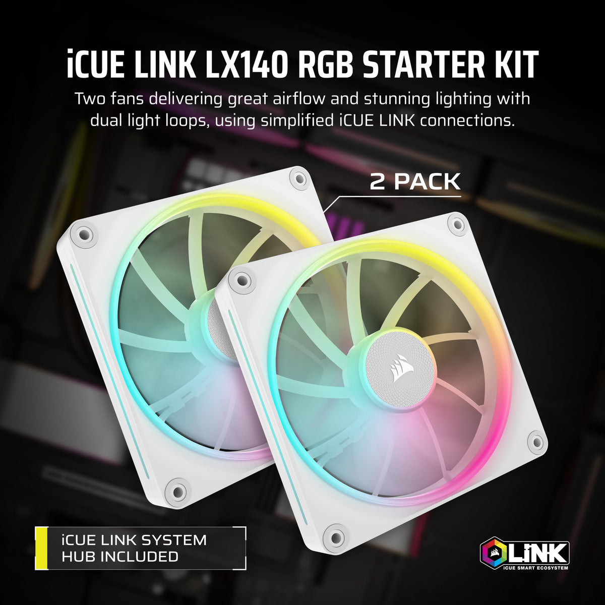 CORSAIR iCUE LINK LX140 RGB 140mm PWM Fan Double Pack – Two Light Rings – Includes iCUE LINK System Hub – CORSAIR AirGuide Technology – White - CO-9051032-WW