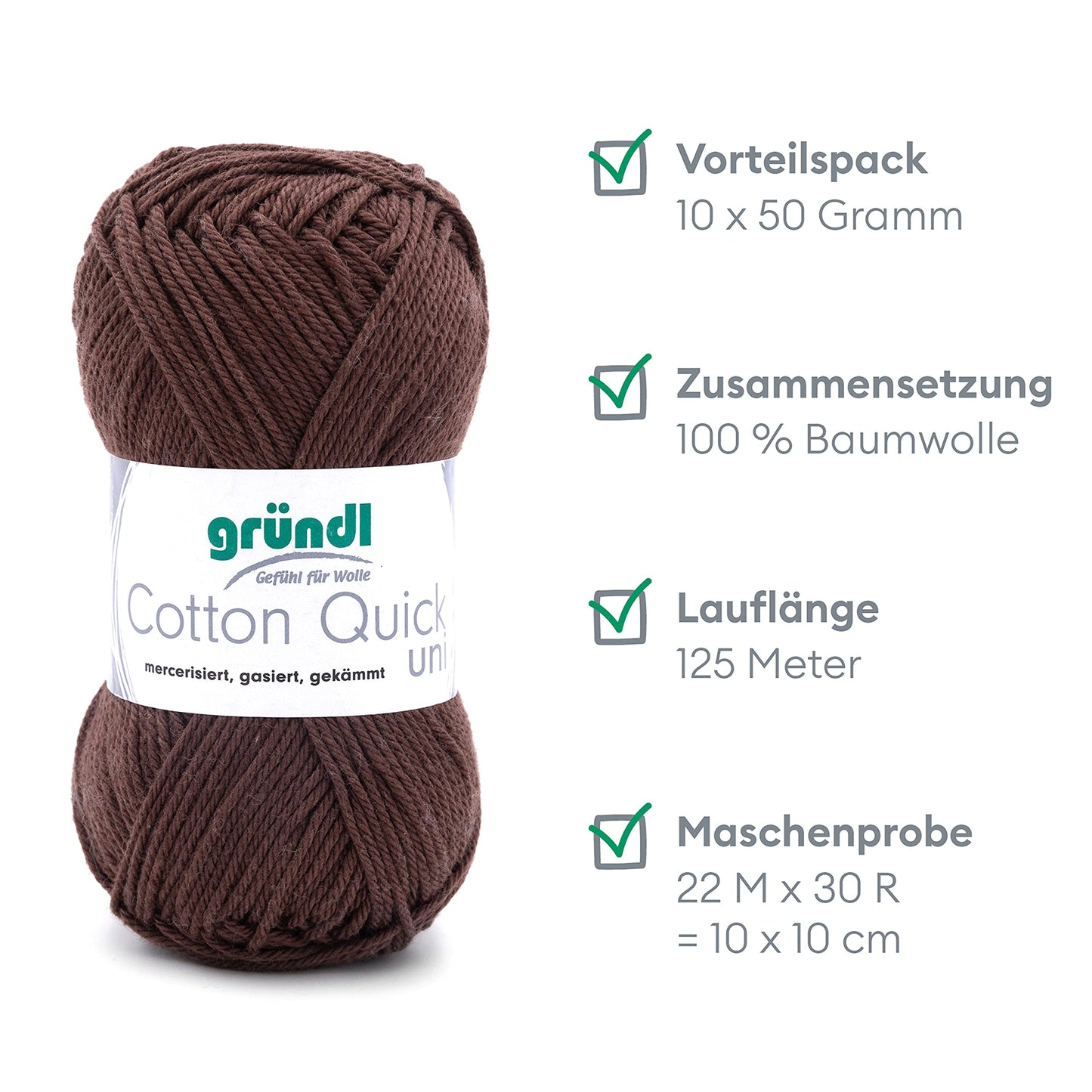 Gründl Wolle Cotton Quick uni - thin wool for crocheting - knitting yarn - crochet yarn - shiny and skin-friendly - 100% cotton - 10 balls 50 g / 125 m - needle size 3-4 - chocolate - 865-122