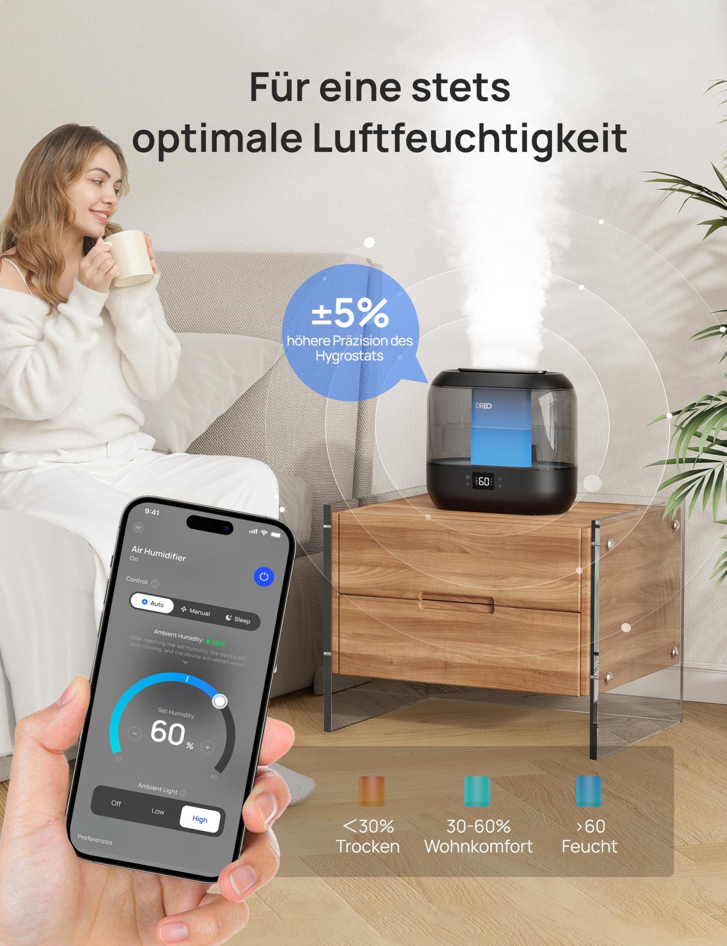 Dreo Smart Humidifier for Bedroom, Top Fillable 4L Super Large Cool Mist Humidifier with Oil Diffuser and Night Light, 36 Hour Runtime, Quiet Ultrasonic Humidifier Home - DR-HHM001S